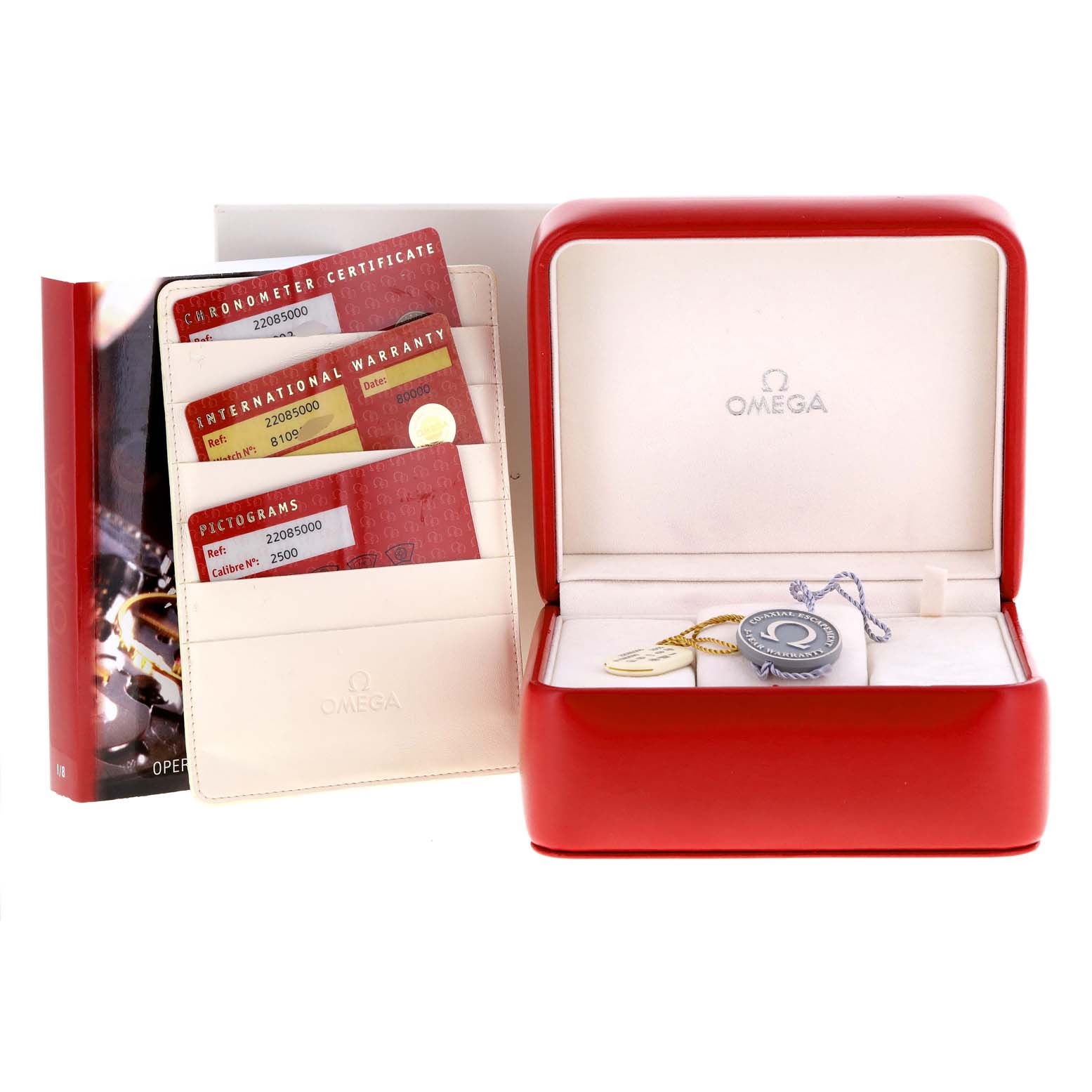 The image shows the packaging and certification cards for the Omega Planet Ocean 2208.50.00 Men's Stainless Steel Black Dial 2208.50.00 Men's Stainless Steel Black Dial watch, including the warranty, chronometer certificate, and pictograms.