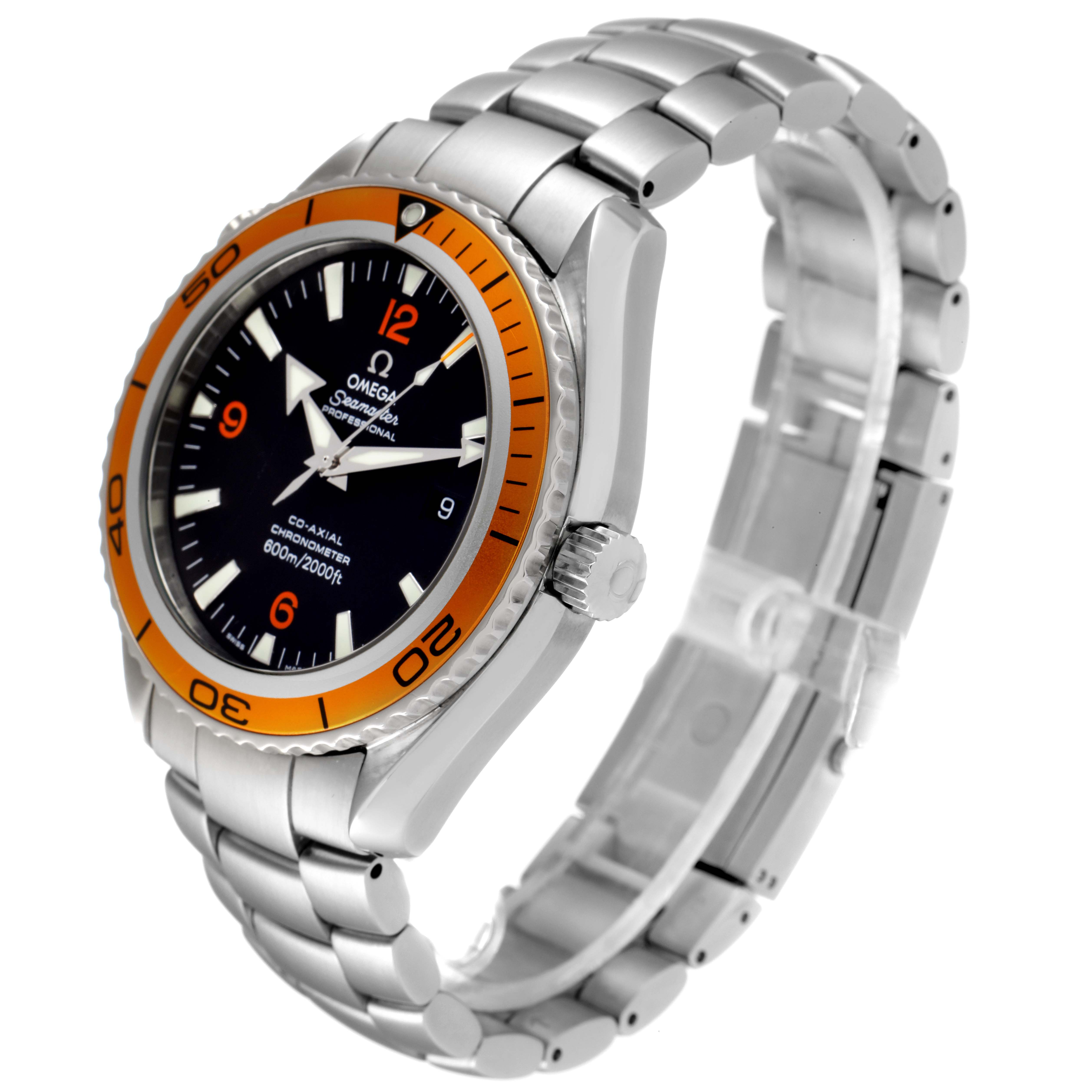 This image shows a side-angle view of the Omega Planet Ocean 2208.50.00 Men's Stainless Steel Black Dial 2208.50.00 Men's Stainless Steel Black Dial watch, featuring the case, bezel, dial, and bracelet.