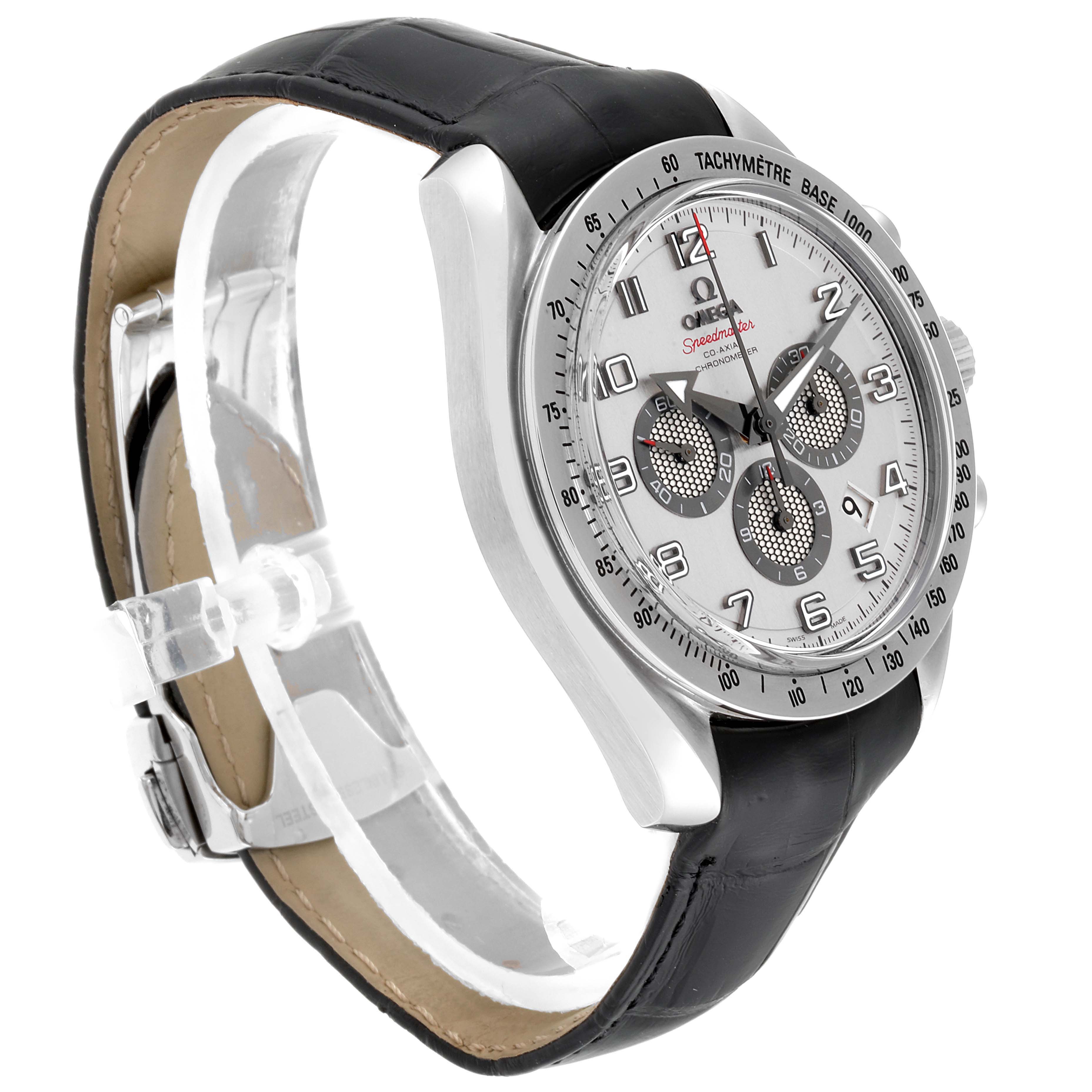 The Omega Speedmaster 321.13.44.50.02.001 Men's Stainless Steel Silver Dial 321.13.44.50.02.001 Men's Stainless Steel Silver Dial watch is shown at an angled side view, highlighting its dial, bezel, and leather strap.