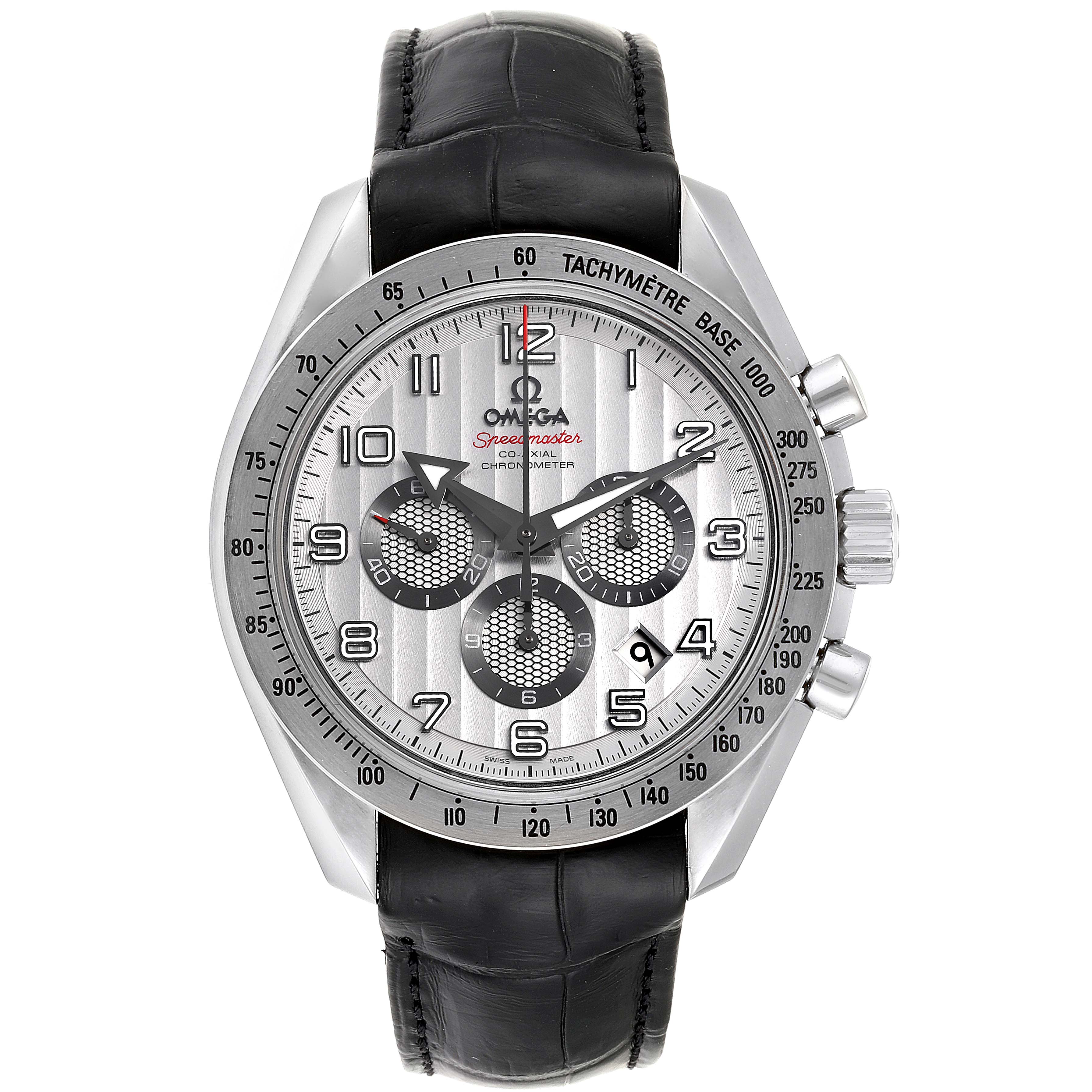 The image shows a frontal view of an Omega Speedmaster 321.13.44.50.02.001 Men's Stainless Steel Silver Dial 321.13.44.50.02.001 Men's Stainless Steel Silver Dial watch with a black leather strap and a silver dial with multiple sub-dials.