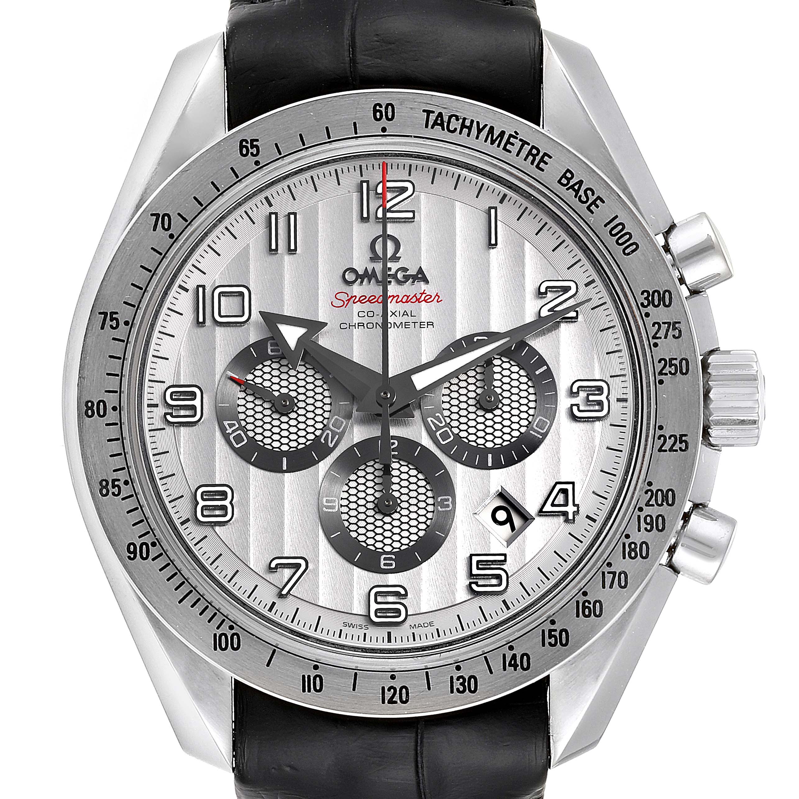 The image shows a front view of an Omega Speedmaster 321.13.44.50.02.001 Men's Stainless Steel Silver Dial 321.13.44.50.02.001 Men's Stainless Steel Silver Dial watch, highlighting the dial, tachymeter, and chronograph subdials.