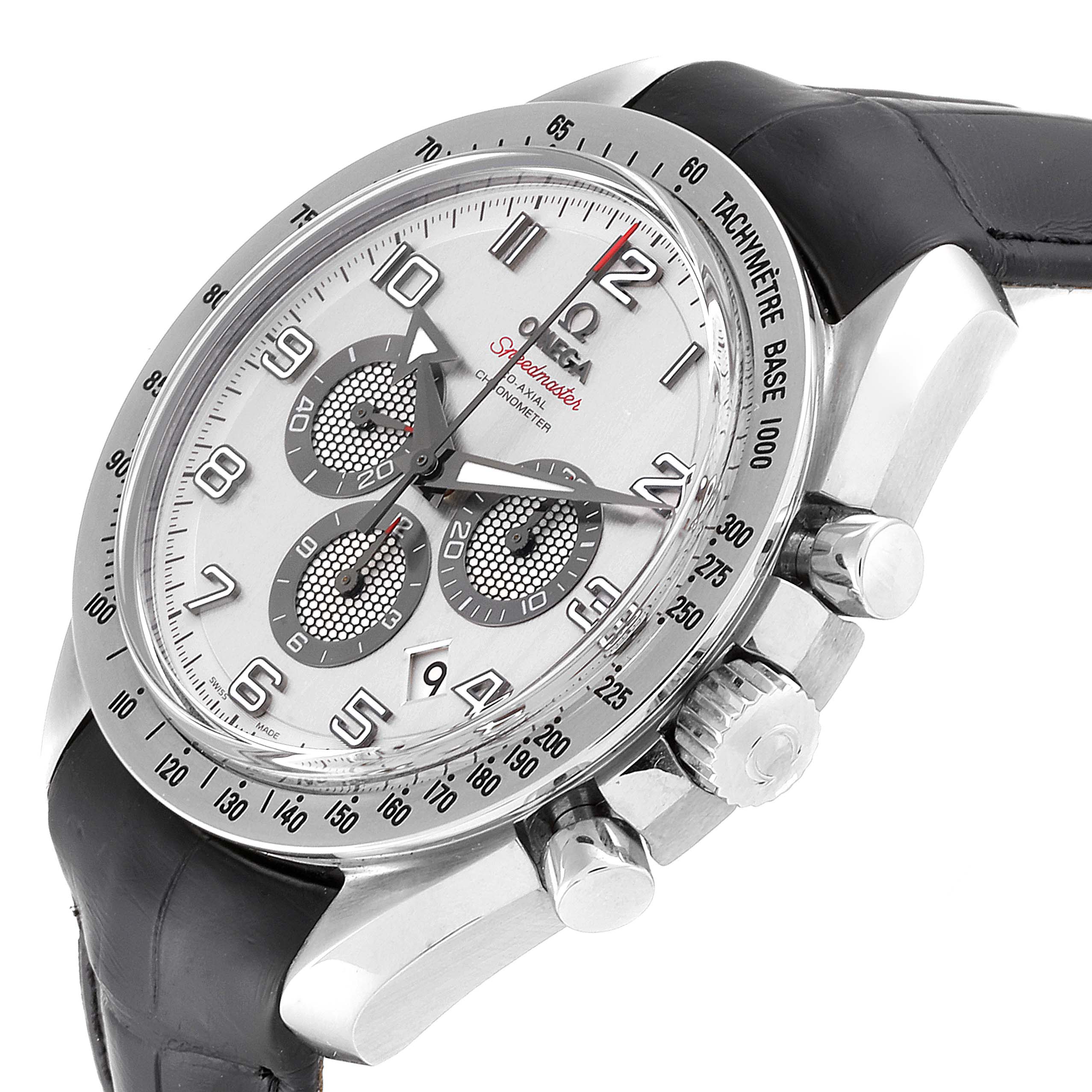 The image shows an Omega Speedmaster 321.13.44.50.02.001 Men's Stainless Steel Silver Dial 321.13.44.50.02.001 Men's Stainless Steel Silver Dial watch at a slight angle, highlighting the face, chronograph dials, bezels, and side buttons.