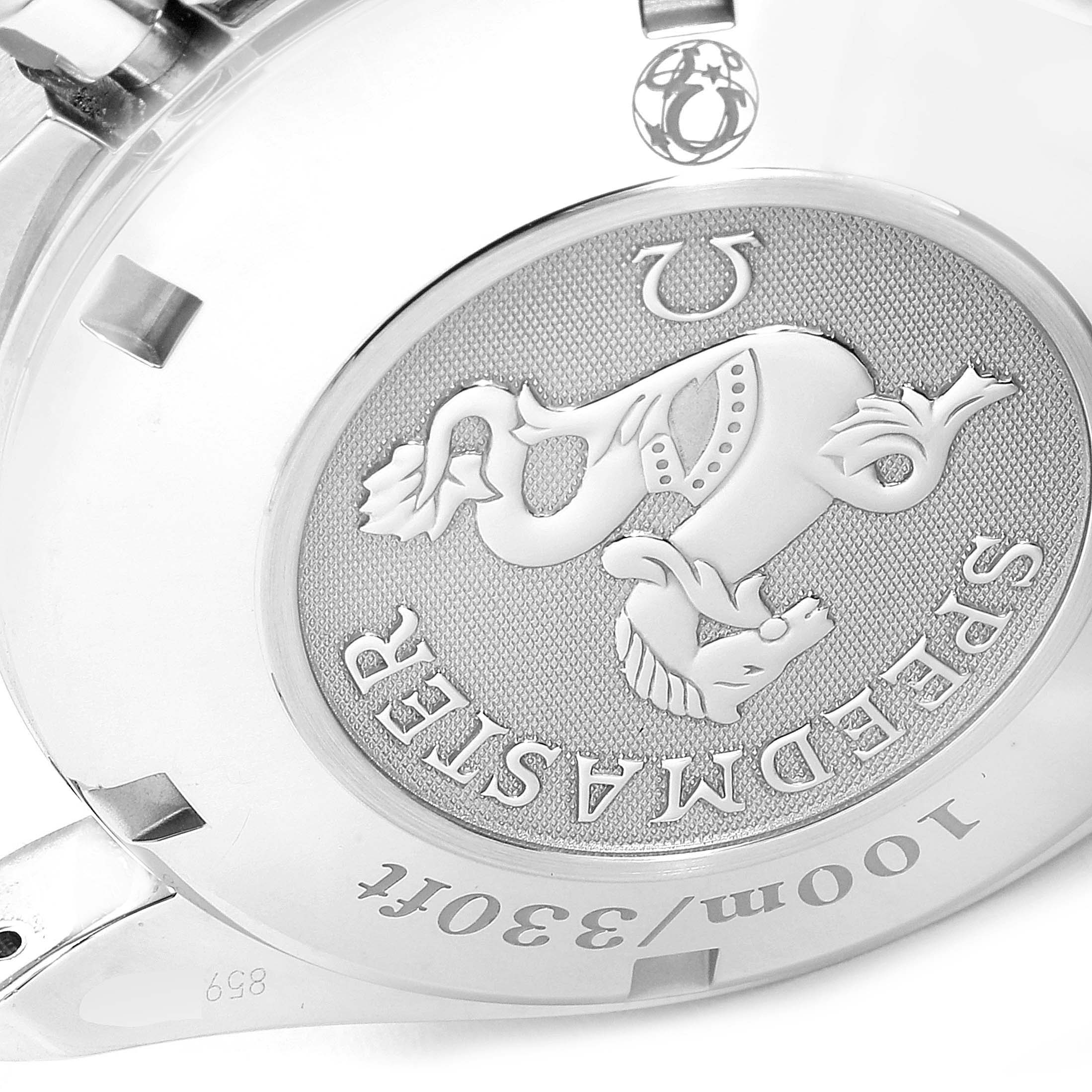 The image shows the back case of an Omega Speedmaster 323.32.40.40.04.001 Men's Stainless Steel White Dial 323.32.40.40.04.001 Men's Stainless Steel White Dial watch featuring the engraved emblem and water resistance details.