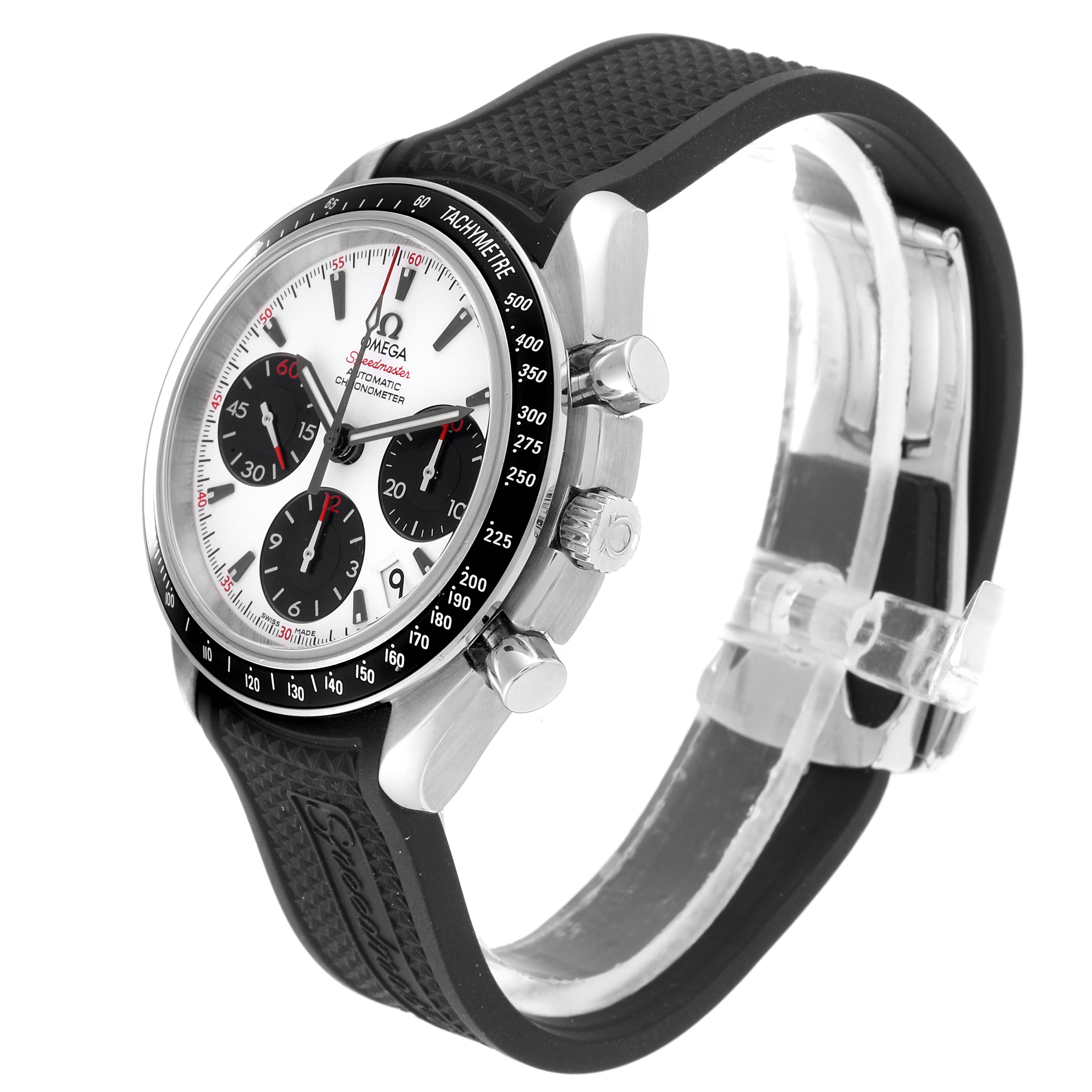 The Omega Speedmaster 323.32.40.40.04.001 Men's Stainless Steel White Dial 323.32.40.40.04.001 Men's Stainless Steel White Dial watch is shown at an angled side view, highlighting its dial, bezel, subdials, and black rubber strap.