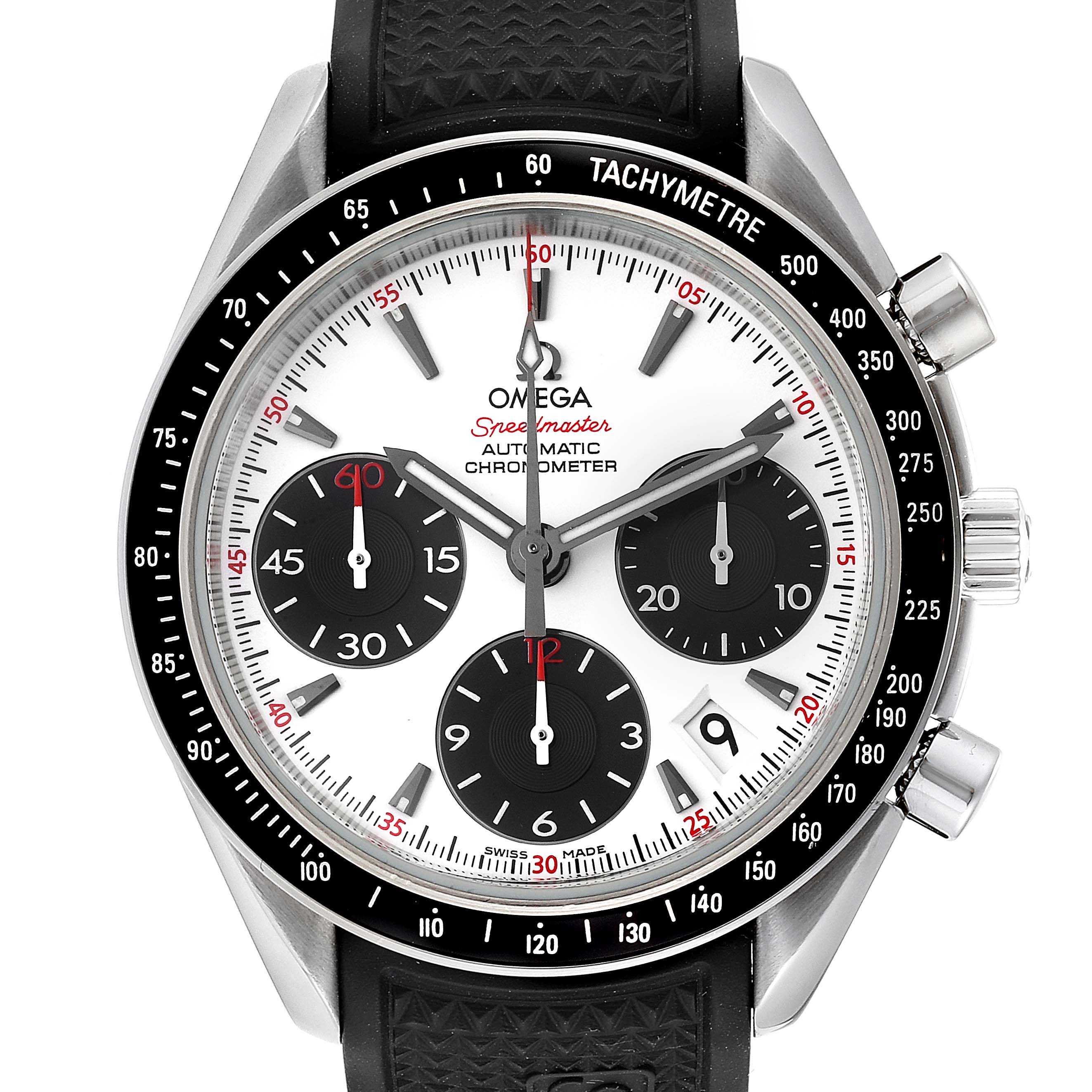 The image shows a front-facing view of the Omega Speedmaster 323.32.40.40.04.001 Men's Stainless Steel White Dial 323.32.40.40.04.001 Men's Stainless Steel White Dial with its bezel, chronograph subdials, crown, and tachymeter scale clearly visible.