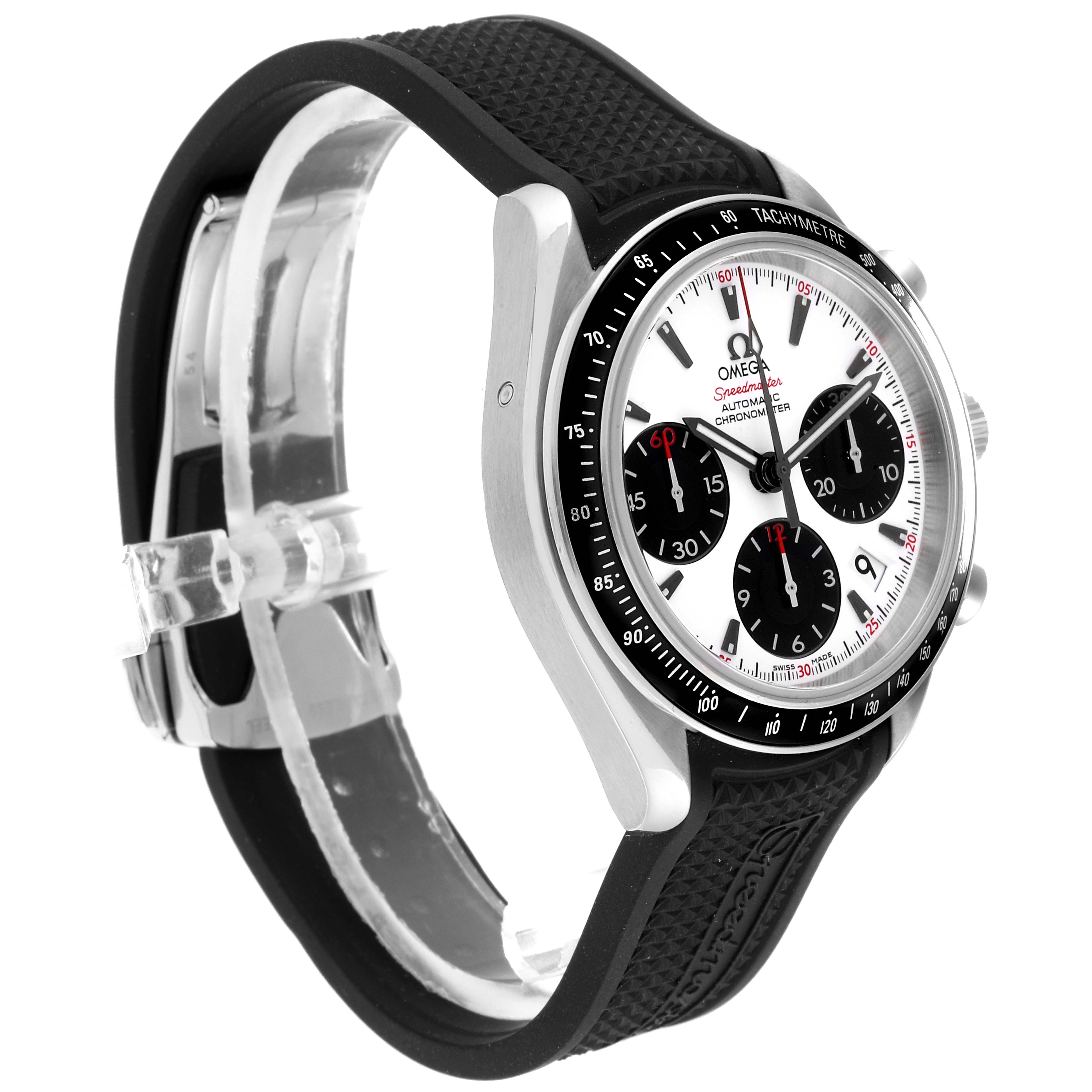 The image showcases an Omega Speedmaster 323.32.40.40.04.001 Men's Stainless Steel White Dial 323.32.40.40.04.001 Men's Stainless Steel White Dial watch at a three-quarter angle, highlighting its dial, bezel, case, and strap.