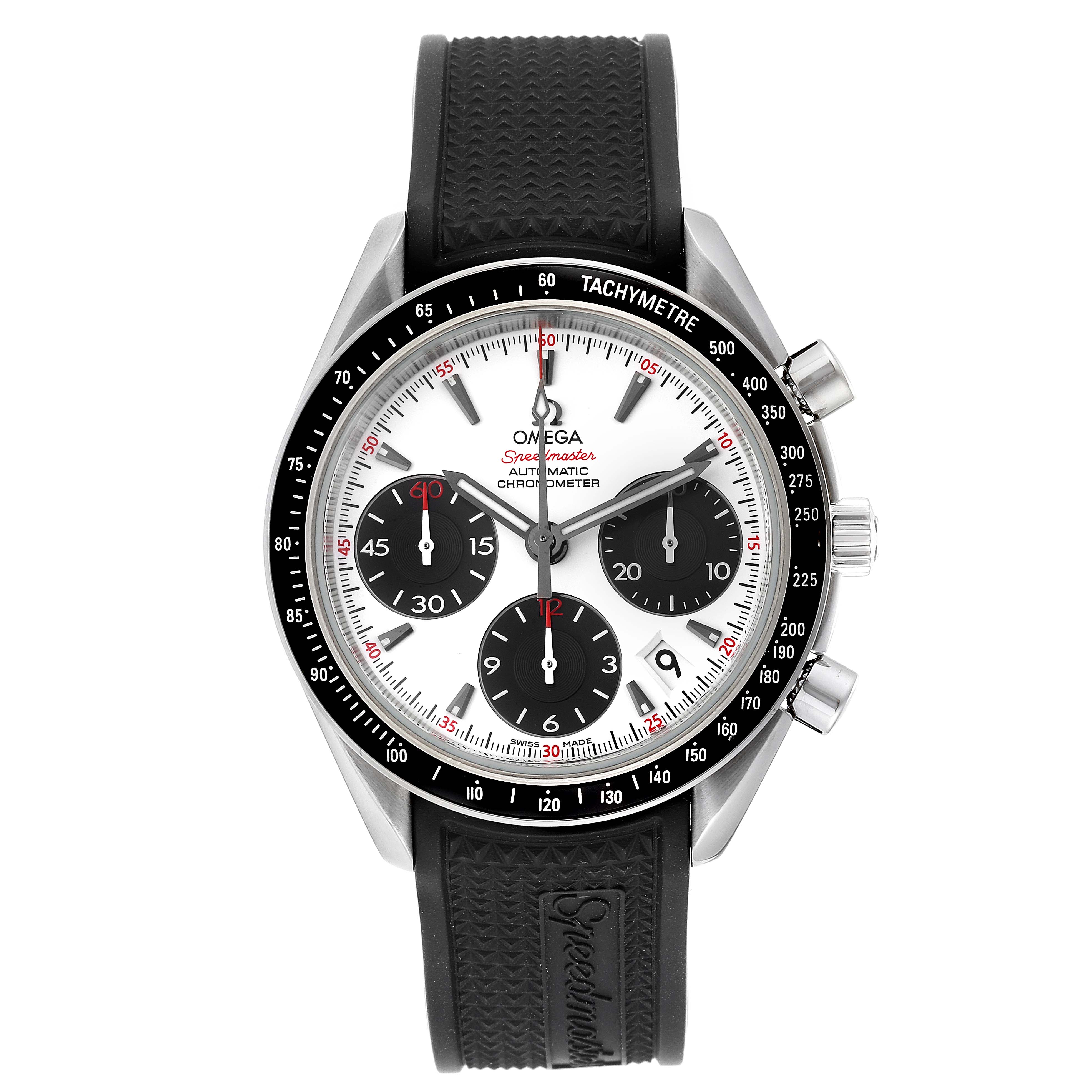 The image shows a front view of an Omega Speedmaster 323.32.40.40.04.001 Men's Stainless Steel White Dial 323.32.40.40.04.001 Men's Stainless Steel White Dial watch with a black tachymeter bezel and a black rubber strap.