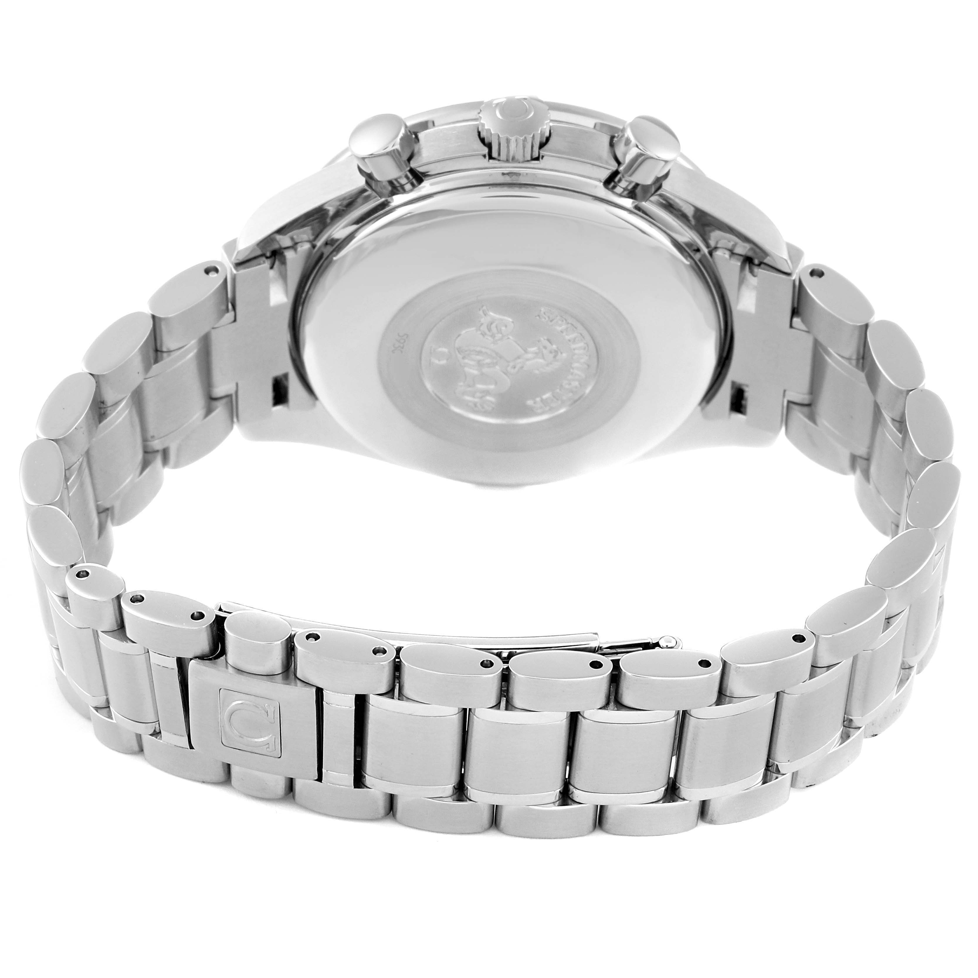 The image shows the back and clasp of an Omega Speedmaster 3513.30.00 Men's Stainless Steel Silver Dial 3513.30.00 Men's Stainless Steel Silver Dial watch, highlighting its stainless steel bracelet and closed case back.