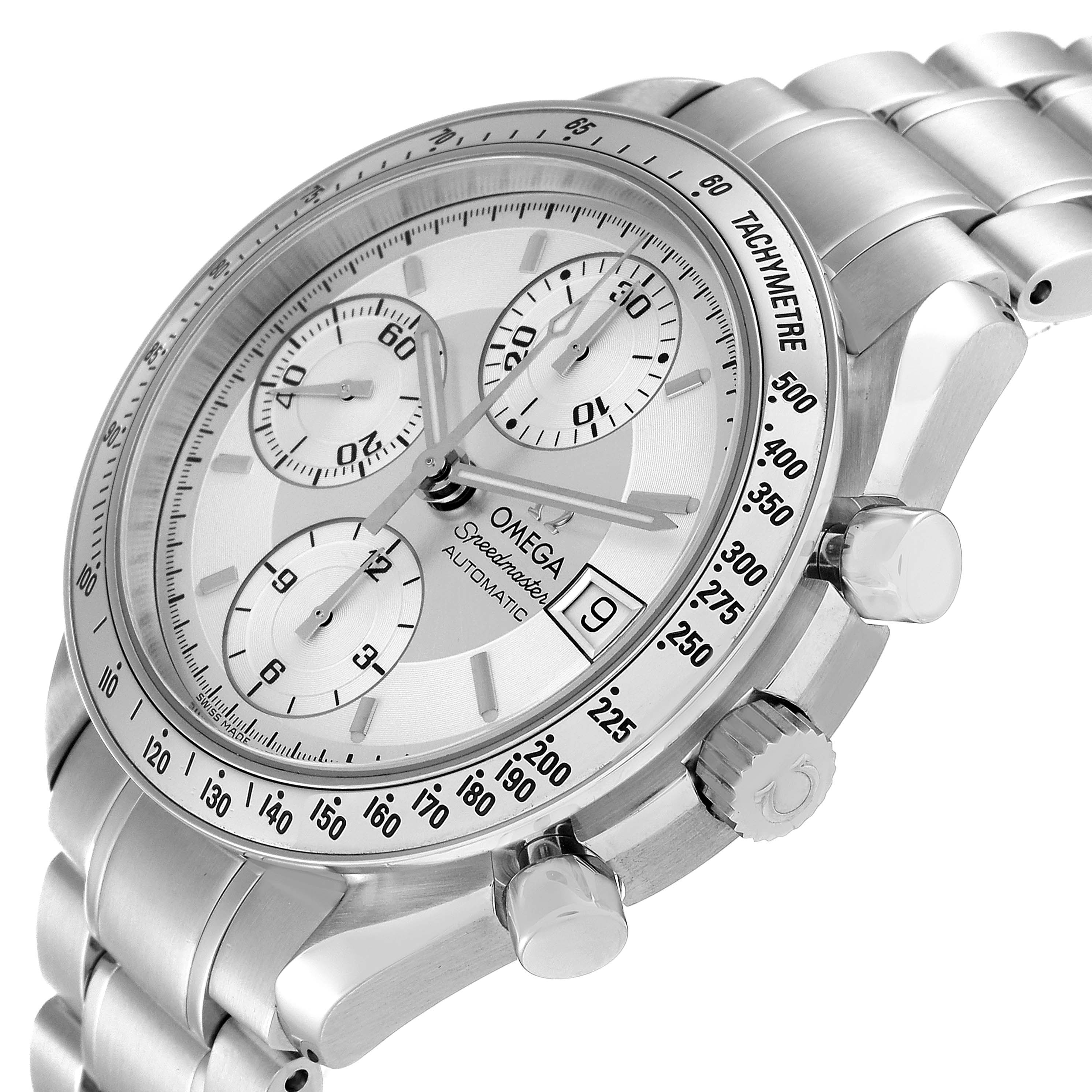 The image shows a close-up side view of the Omega Speedmaster 3513.30.00 Men's Stainless Steel Silver Dial 3513.30.00 Men's Stainless Steel Silver Dial watch, highlighting its dial, bezel, and pushers.