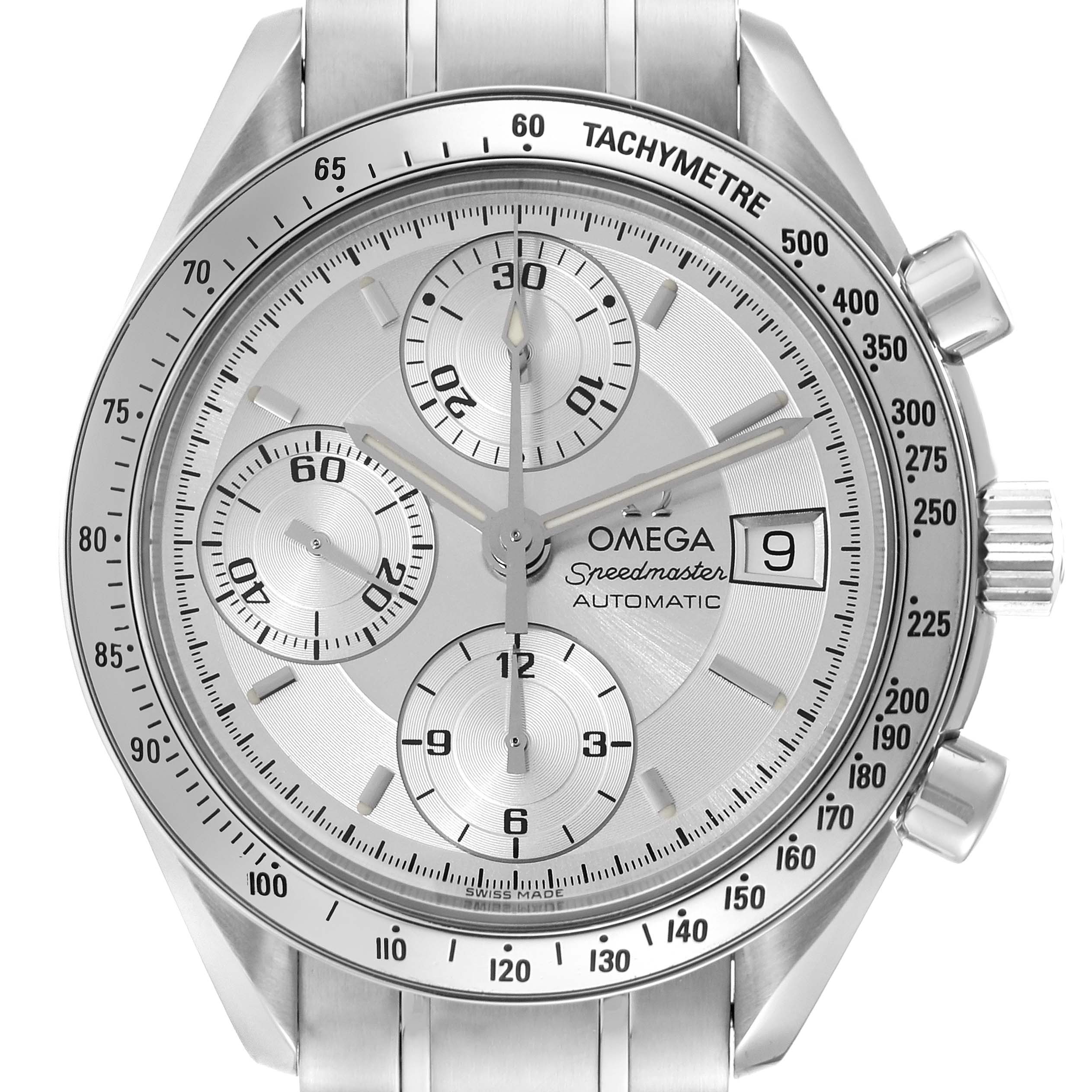 The image depicts the Omega Speedmaster 3513.30.00 Men's Stainless Steel Silver Dial 3513.30.00 Men's Stainless Steel Silver Dial watch from a top-down angle, showing the face, bezel, tachymeter, and pushers.