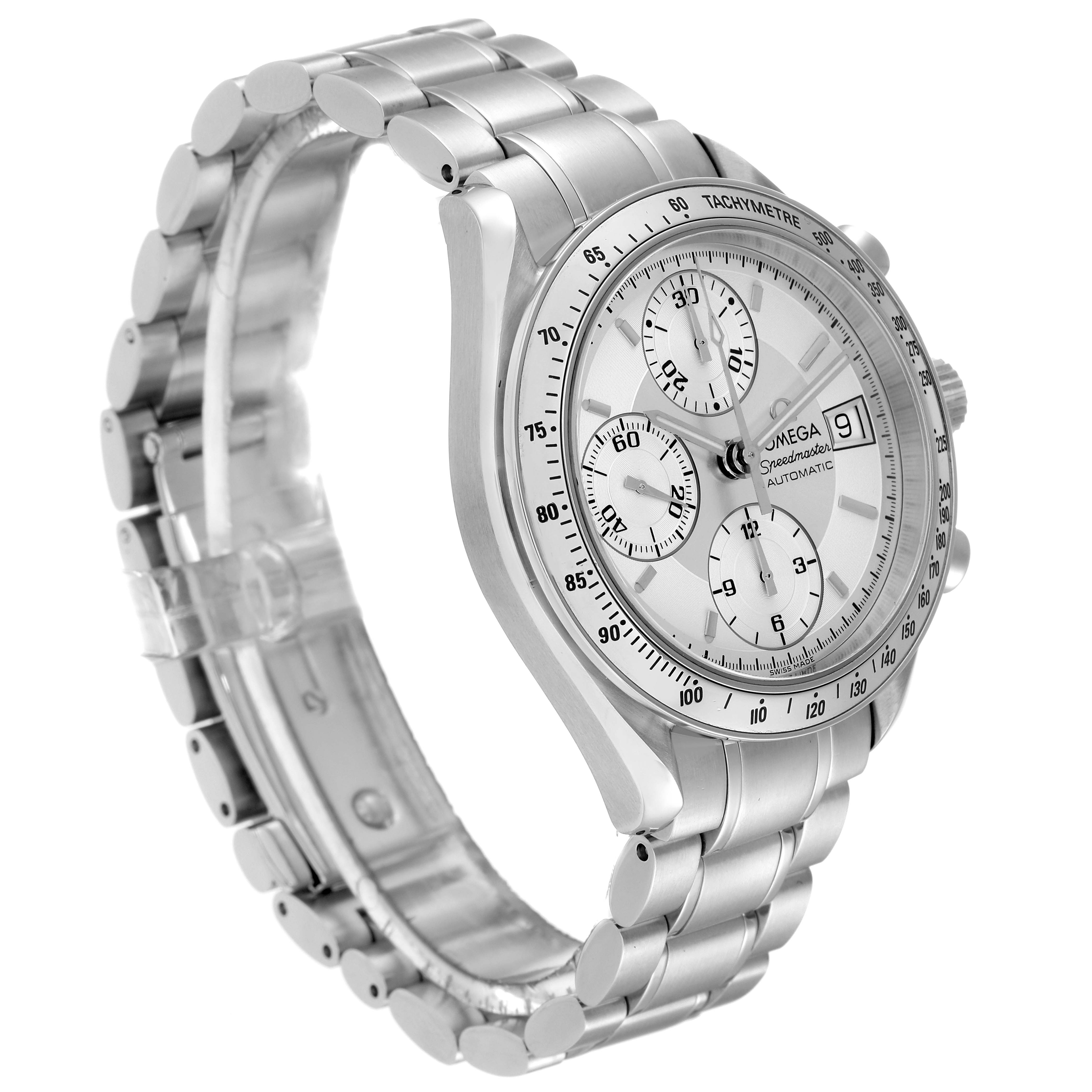 This image shows an Omega Speedmaster 3513.30.00 Men's Stainless Steel Silver Dial 3513.30.00 Men's Stainless Steel Silver Dial watch from an angled side view, displaying the face, bezel, and stainless steel bracelet.