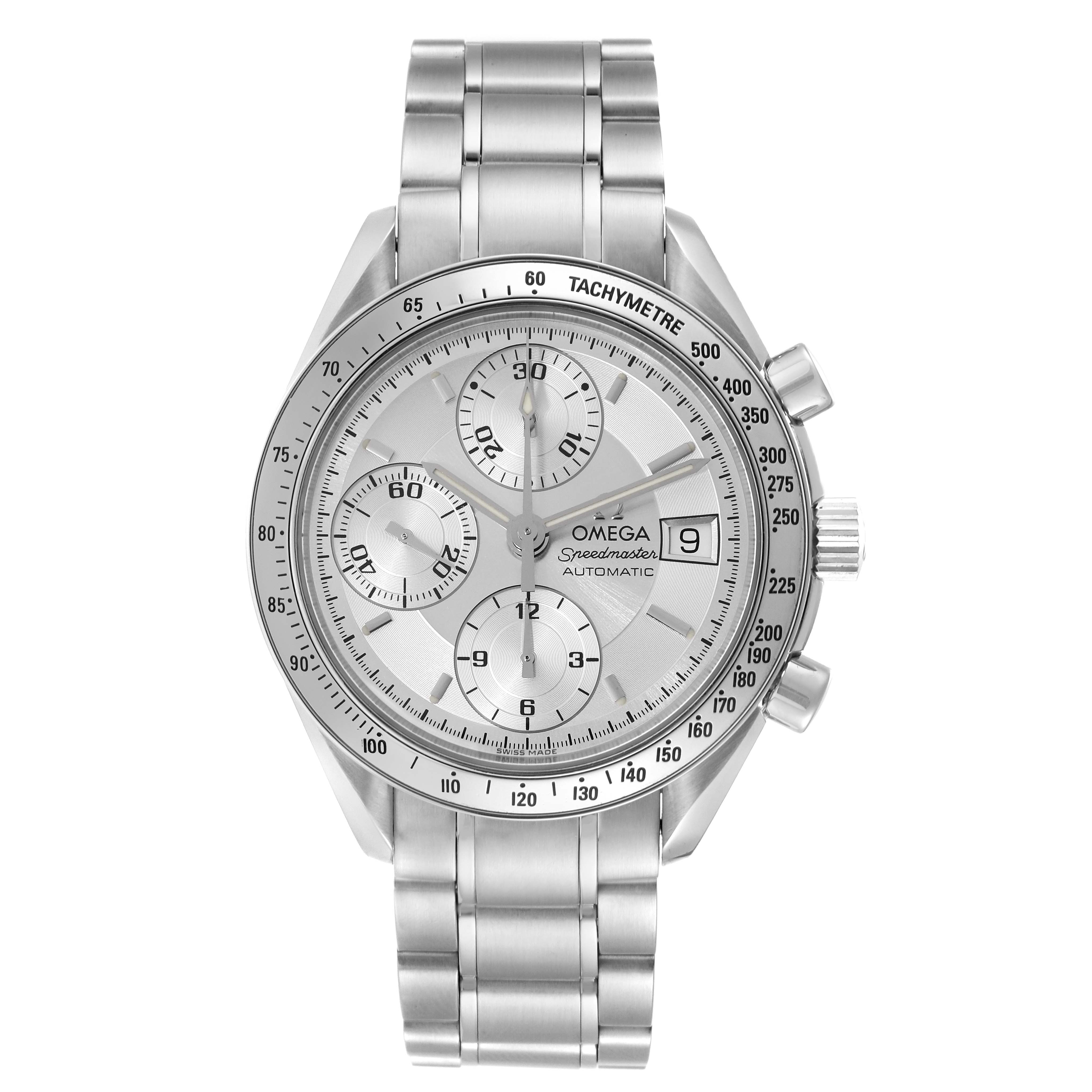 The image shows a front view of an Omega Speedmaster 3513.30.00 Men's Stainless Steel Silver Dial 3513.30.00 Men's Stainless Steel Silver Dial watch, highlighting its stainless steel bracelet, chronograph sub-dials, and tachymeter bezel.