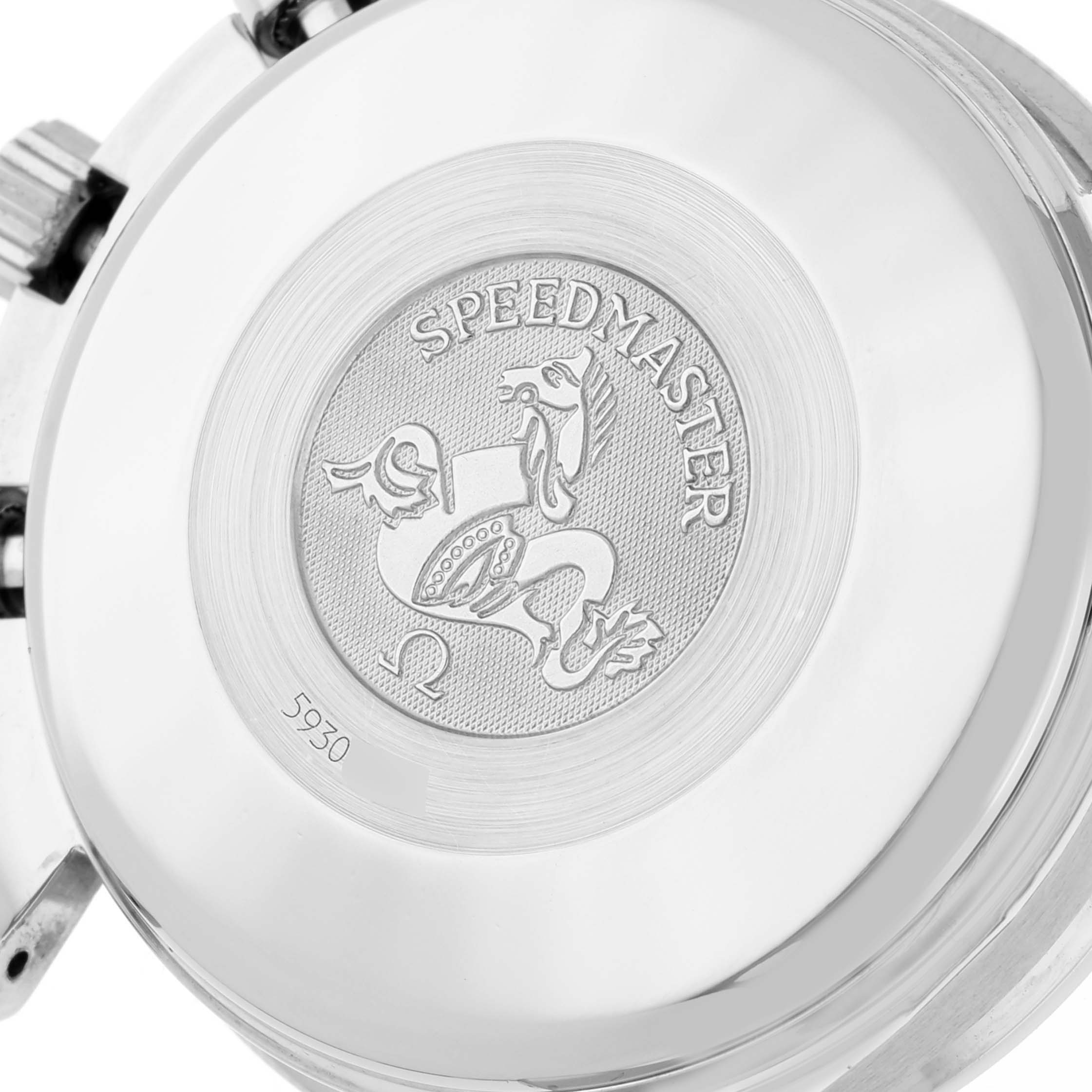 The image shows the case back of an Omega Speedmaster 3513.30.00 Men's Stainless Steel Silver Dial 3513.30.00 Men's Stainless Steel Silver Dial watch.