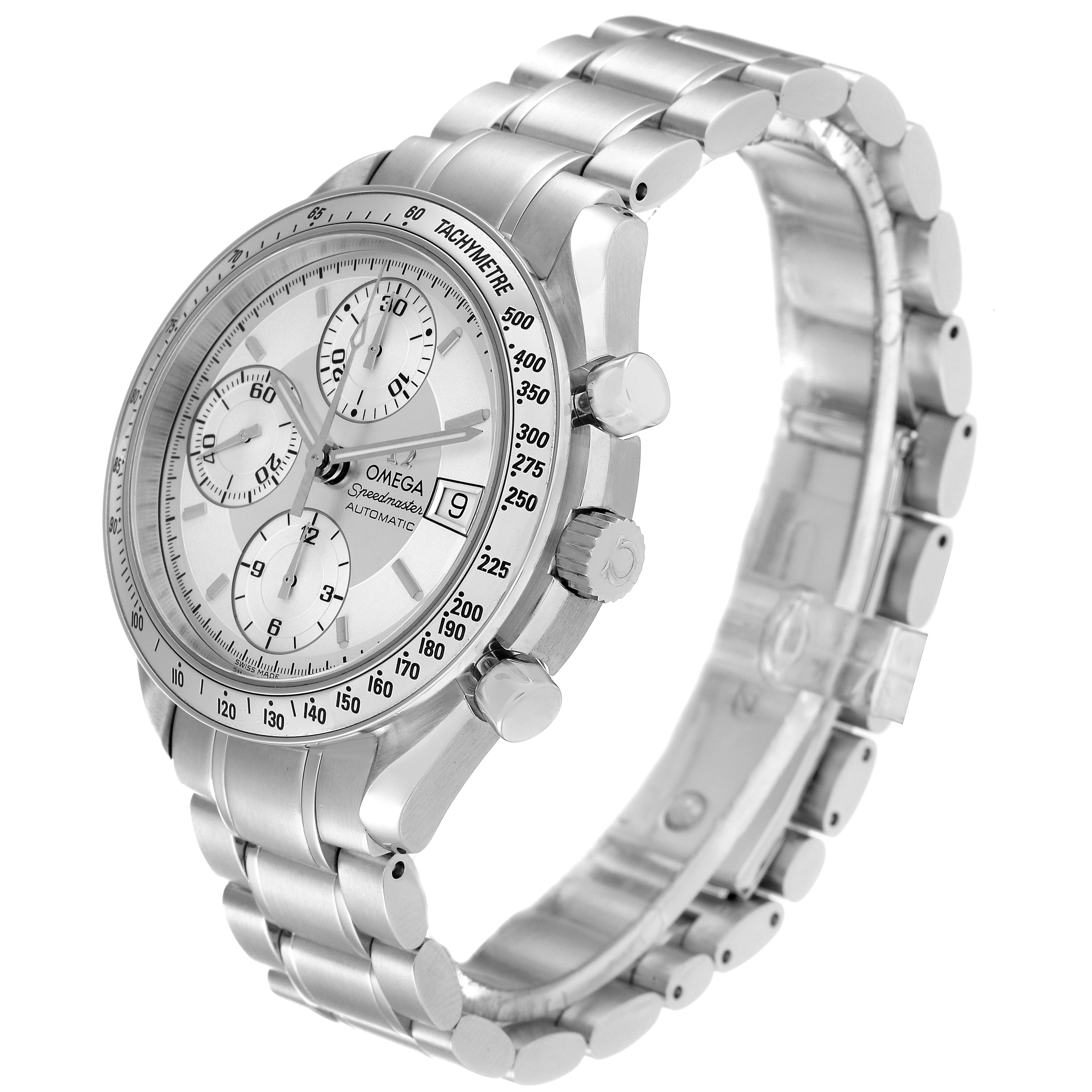 The Omega Speedmaster 3513.30.00 Men's Stainless Steel Silver Dial 3513.30.00 Men's Stainless Steel Silver Dial watch is shown at an angled side view, displaying its dial, chronograph subdials, crown, and metal bracelet.