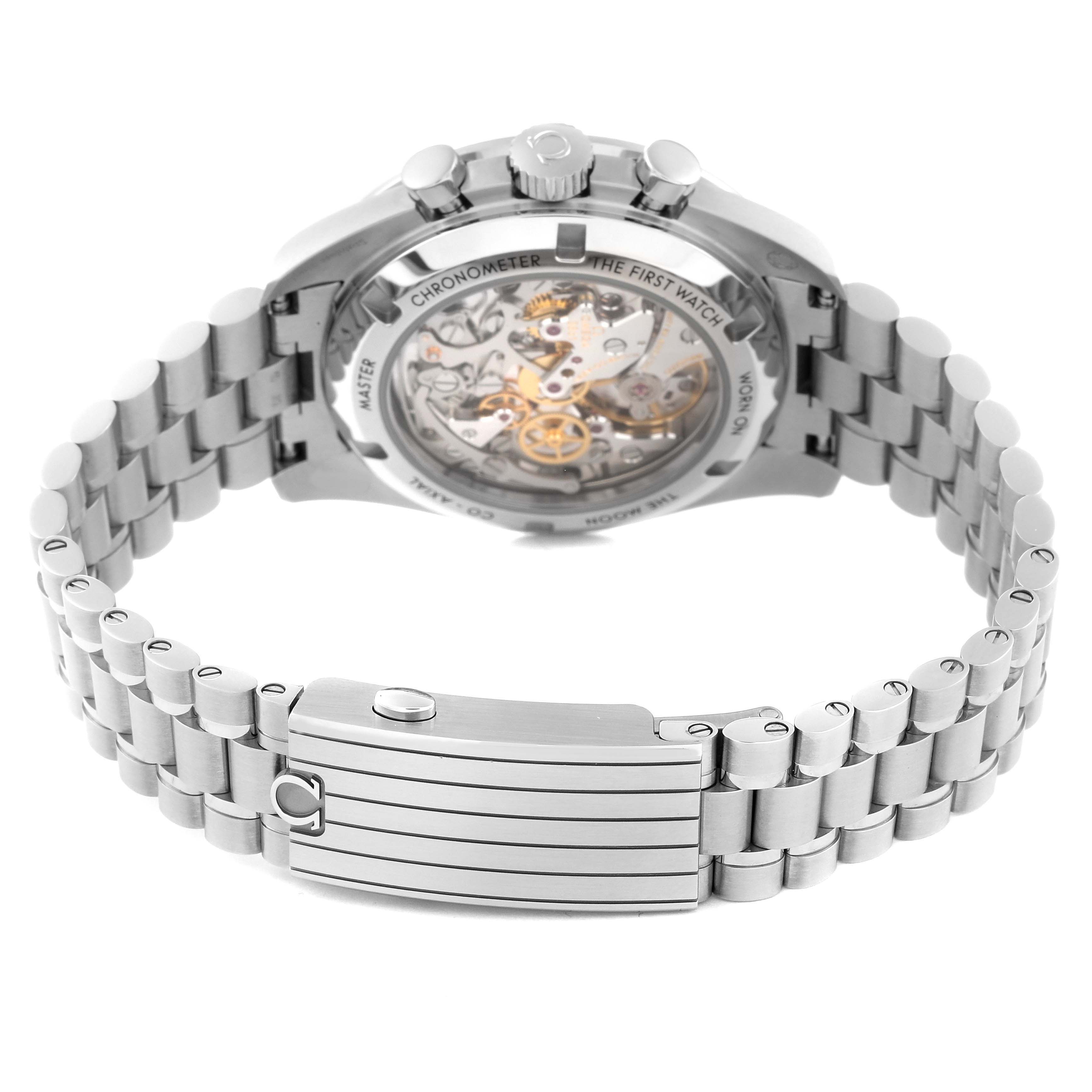 The image shows the back view of an Omega Speedmaster 310.30.42.50.04.001 Men
s Stainless Steel White Dial 310.30.42.50.04.001 Men
s Stainless Steel White Dial watch revealing its transparent case back and metal bracelet.