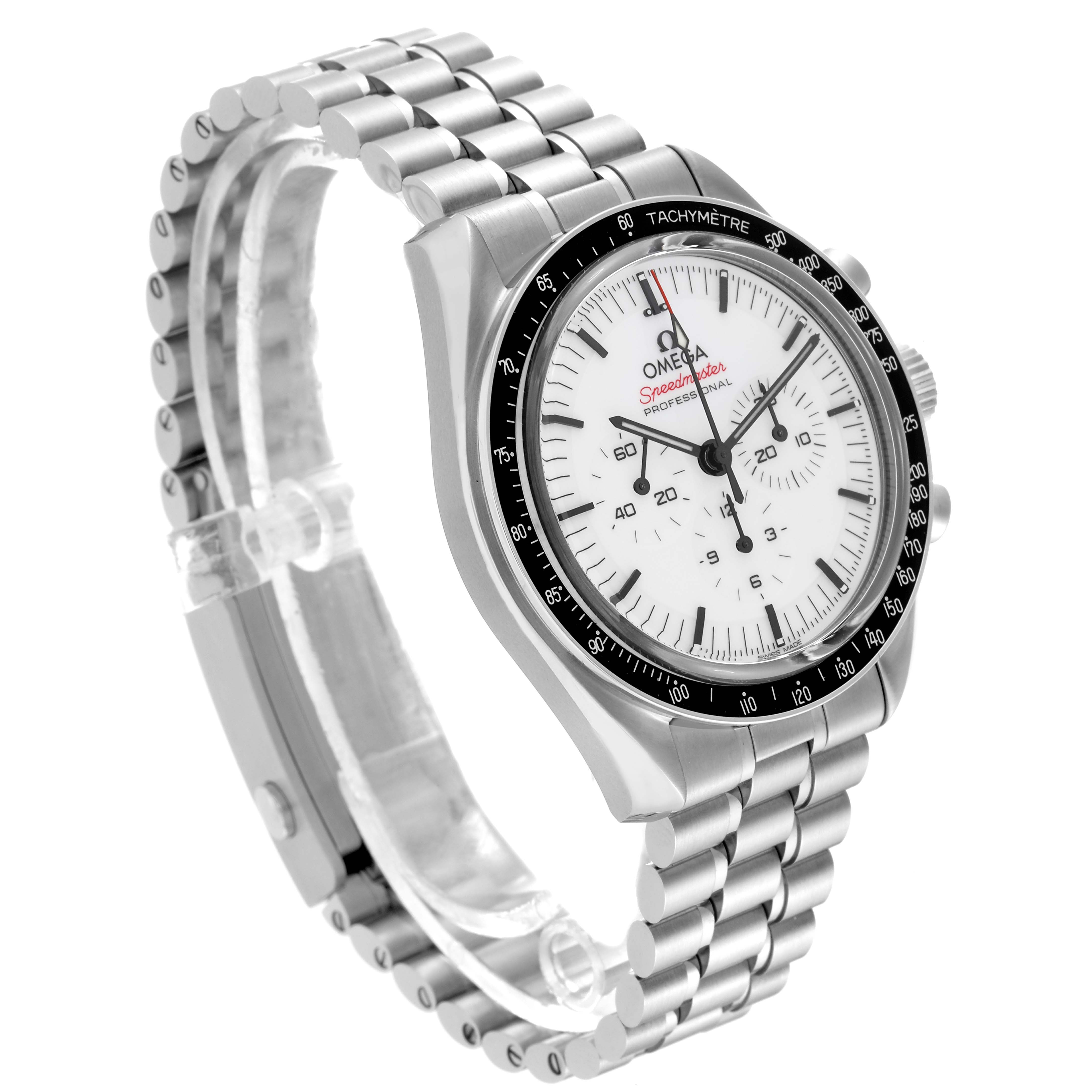 The Omega Speedmaster 310.30.42.50.04.001 Men
s Stainless Steel White Dial 310.30.42.50.04.001 Men
s Stainless Steel White Dial watch is shown at a three-quarter angle, highlighting the dial, bezel, case, and metallic bracelet.