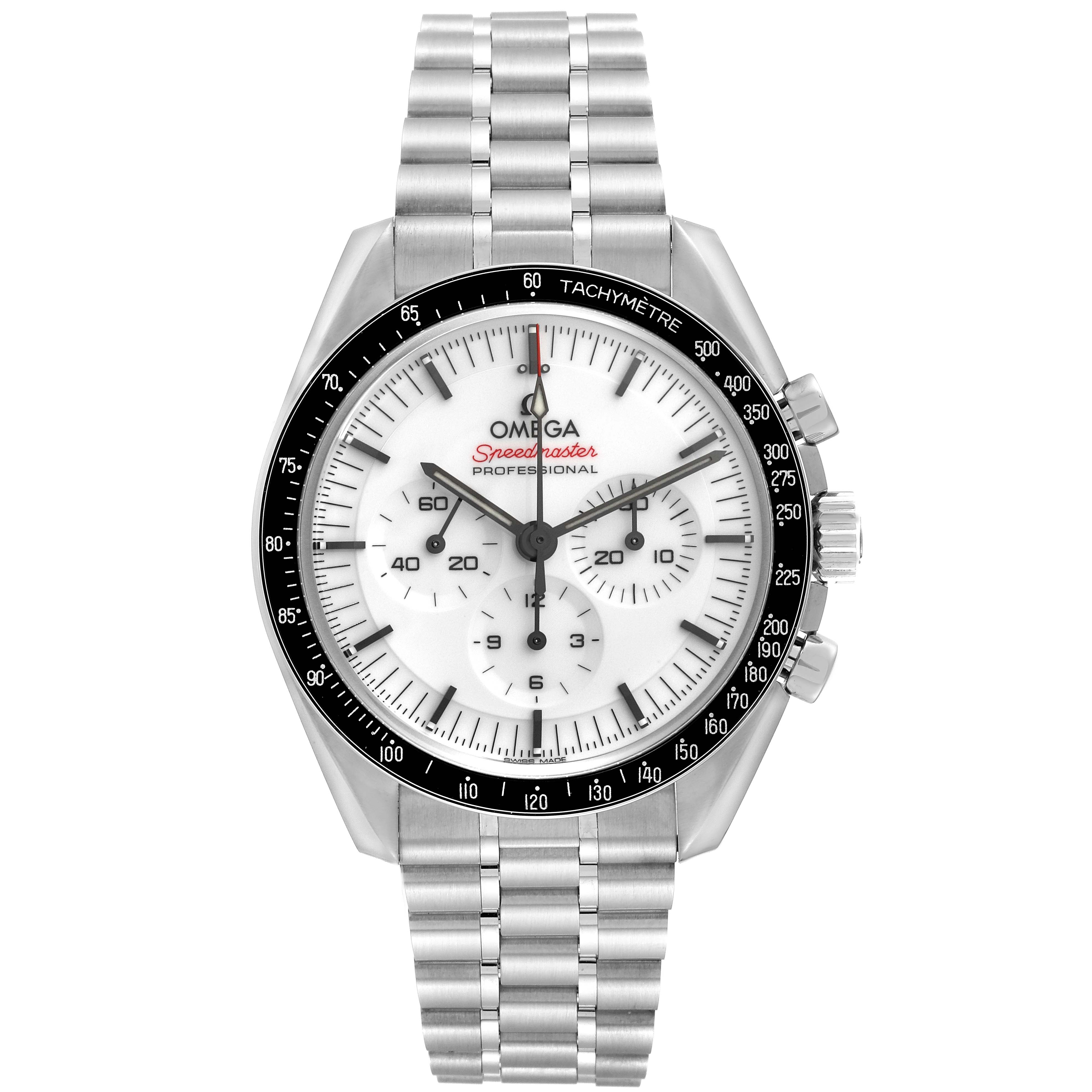 The Omega Speedmaster 310.30.42.50.04.001 Men
s Stainless Steel White Dial 310.30.42.50.04.001 Men
s Stainless Steel White Dial watch is shown from a front angle, highlighting the dial, bezel, and stainless steel bracelet.