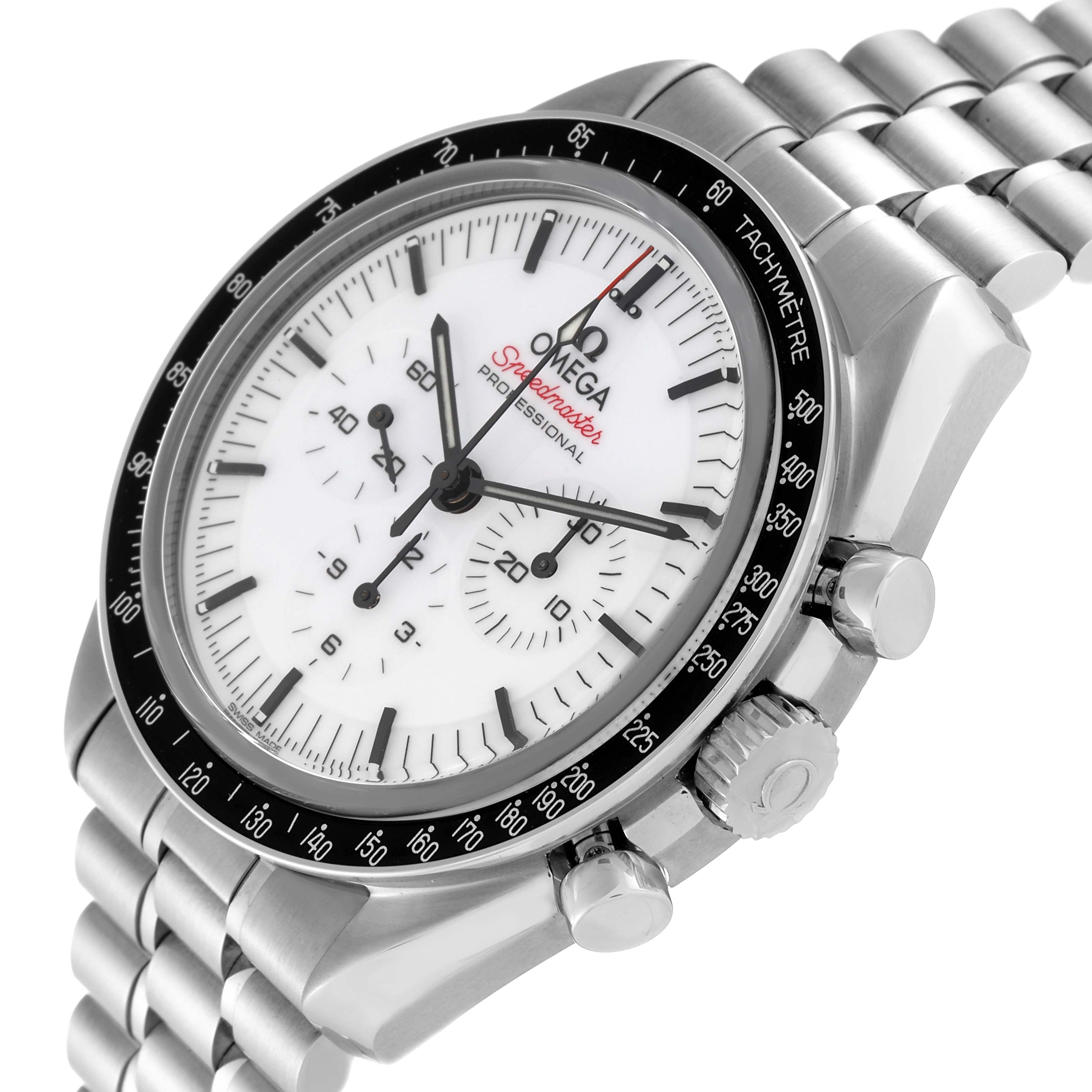 The Omega Speedmaster 310.30.42.50.04.001 Men
s Stainless Steel White Dial 310.30.42.50.04.001 Men
s Stainless Steel White Dial watch is shown from an angled side view, highlighting its stainless steel case, bracelet, and white dial with tachymeter bezel.