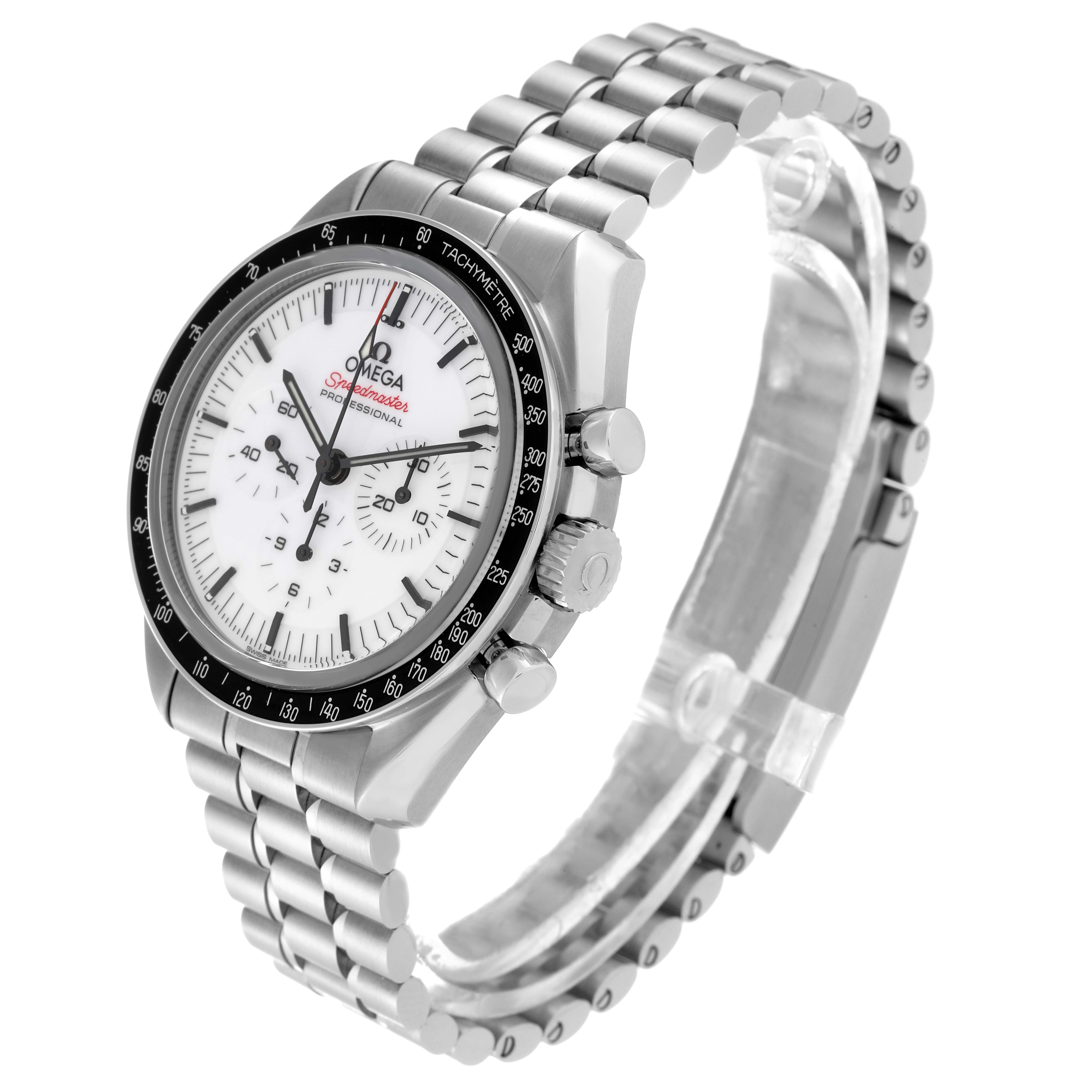 The image shows an Omega Speedmaster 310.30.42.50.04.001 Men
s Stainless Steel White Dial 310.30.42.50.04.001 Men
s Stainless Steel White Dial watch at a slight angle, emphasizing the dial, tachymeter bezel, and metal bracelet.