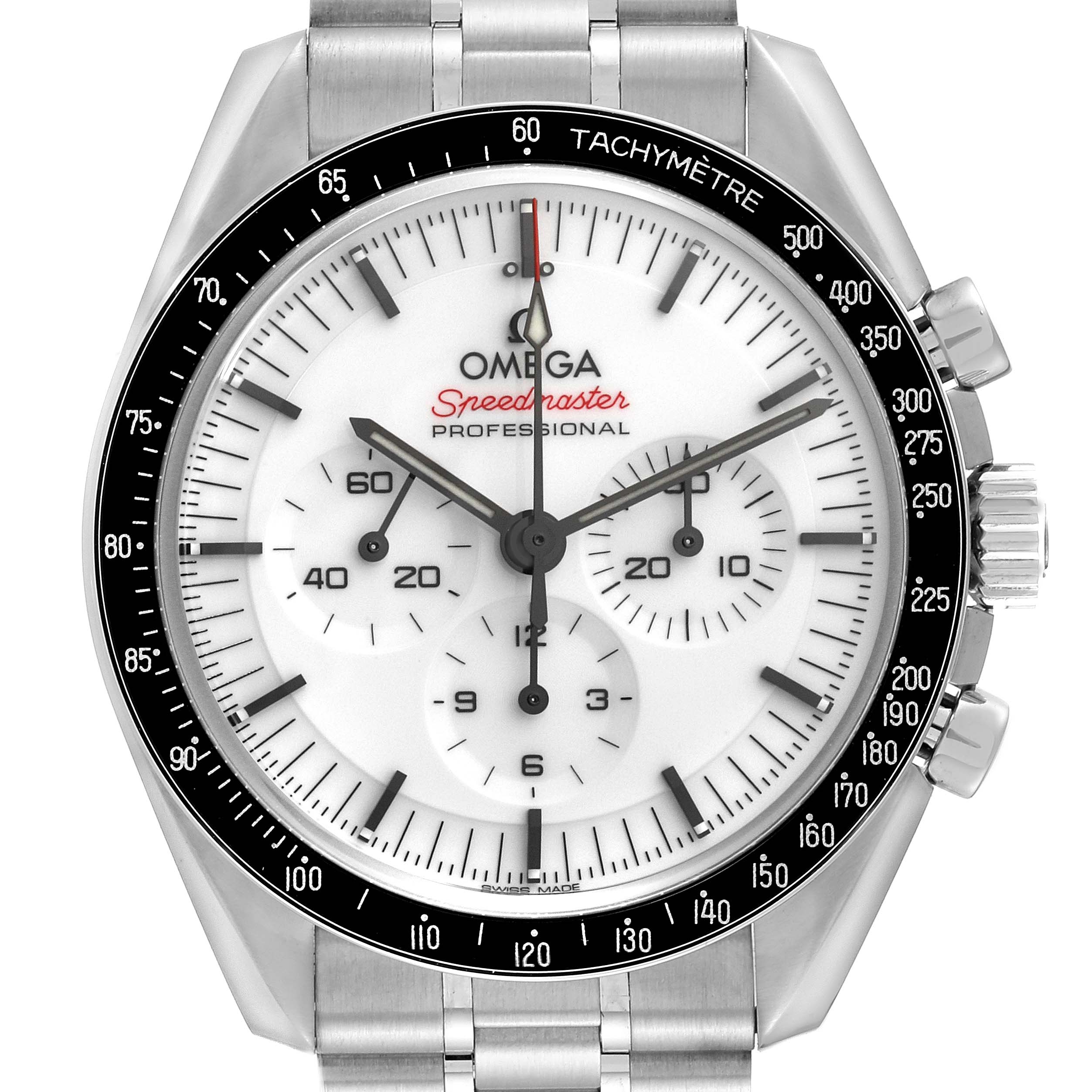 The Omega Speedmaster 310.30.42.50.04.001 Men
s Stainless Steel White Dial 310.30.42.50.04.001 Men
s Stainless Steel White Dial watch is shown from the front, displaying its white dial, sub-dials, and tachymeter bezel.