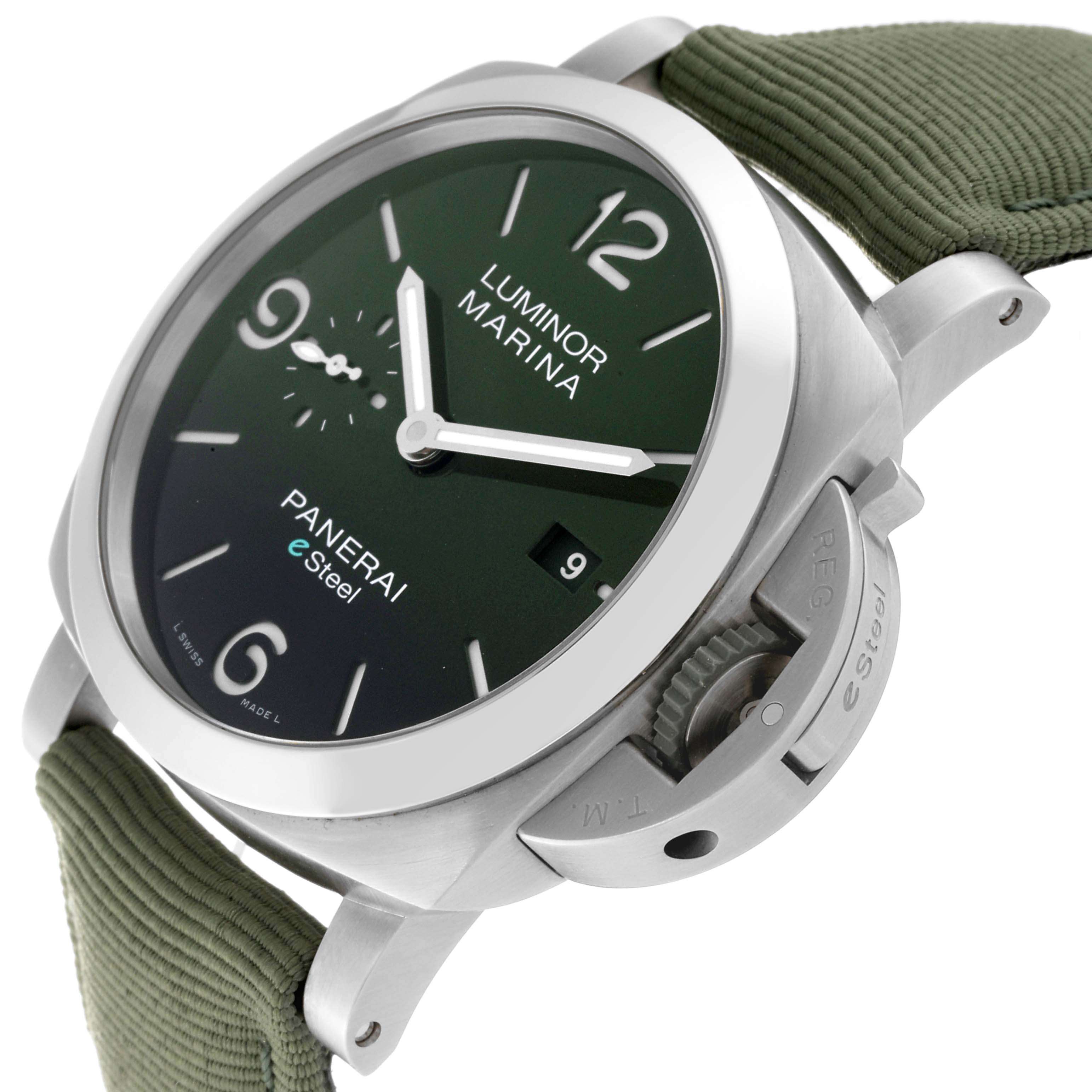 The image shows a Panerai Luminor PAM01356 Men's Stainless Steel Green Dial PAM01356 Men's Stainless Steel Green Dial Marina eSteel watch angled slightly from the top right, highlighting the crown guard and the green dial.
