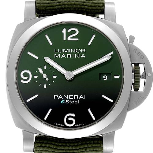 The image shows a front view of the Panerai Luminor Marina watch, including its green dial, hour markers, hands, date window, and crown guard.