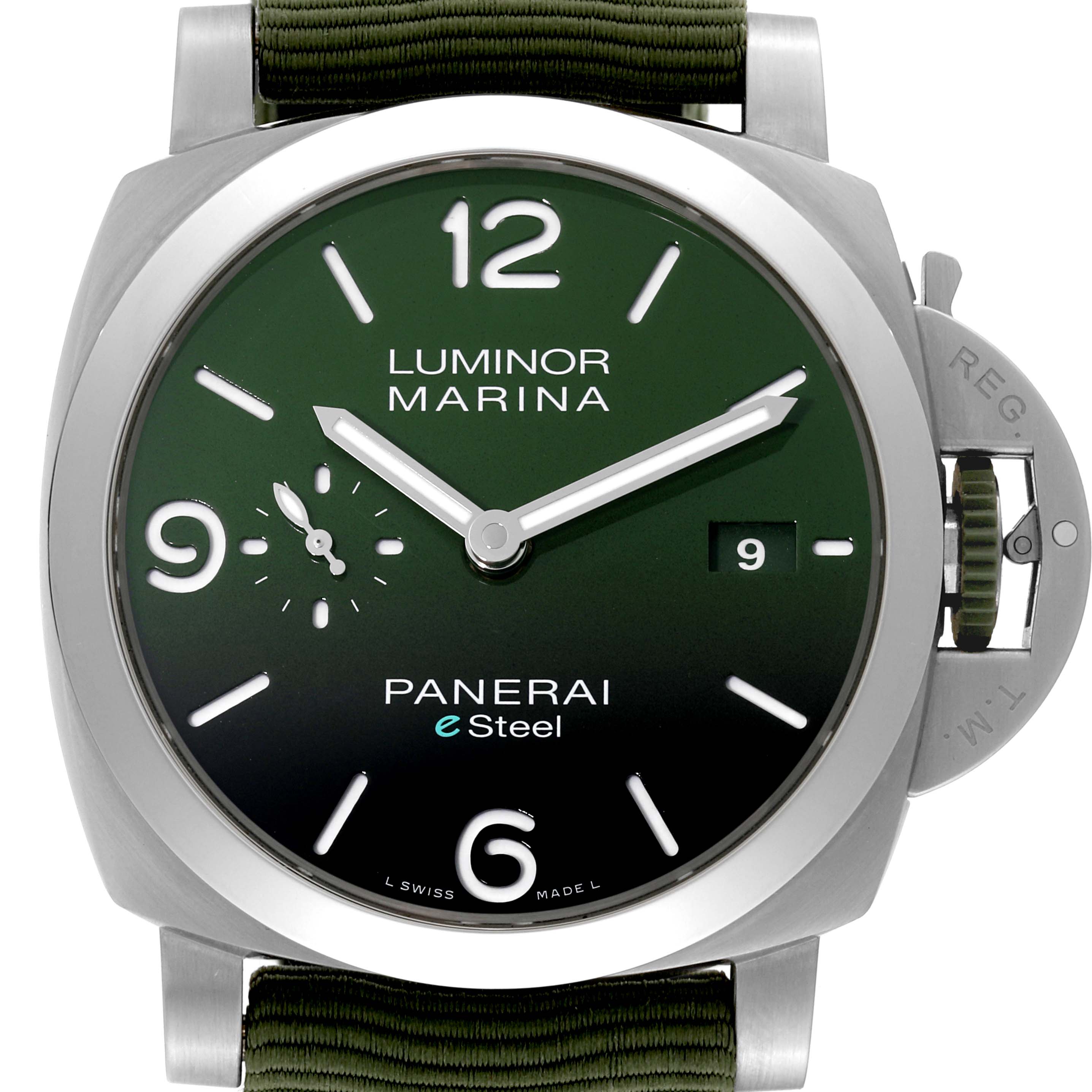 The image shows a front view of a Panerai Luminor PAM01356 Men's Stainless Steel Green Dial PAM01356 Men's Stainless Steel Green Dial Marina watch, highlighting its green dial, date window, and unique crown protector.