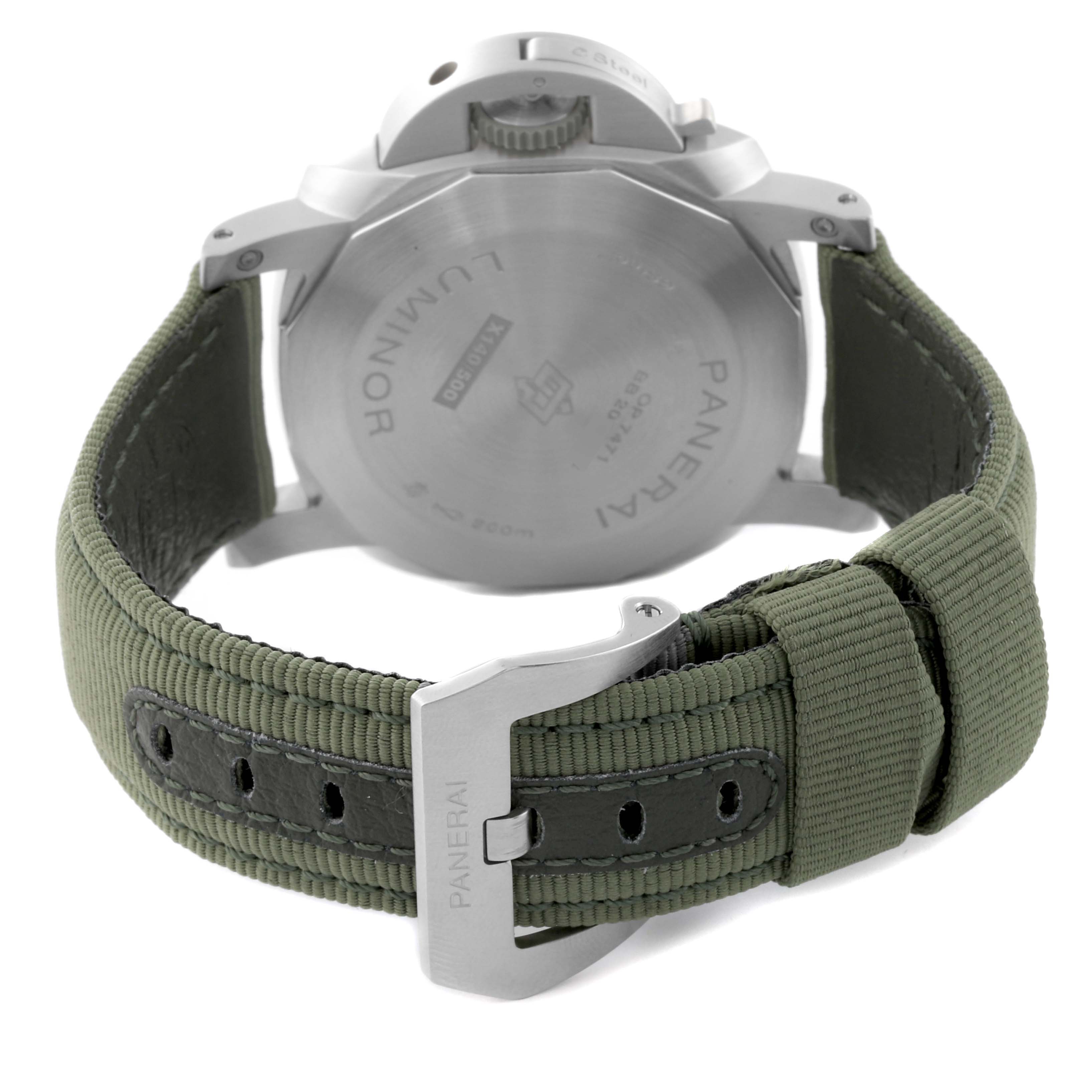 The image shows the back of a Panerai Luminor PAM01356 Men's Stainless Steel Green Dial PAM01356 Men's Stainless Steel Green Dial watch, highlighting the case back and green strap with a buckle.