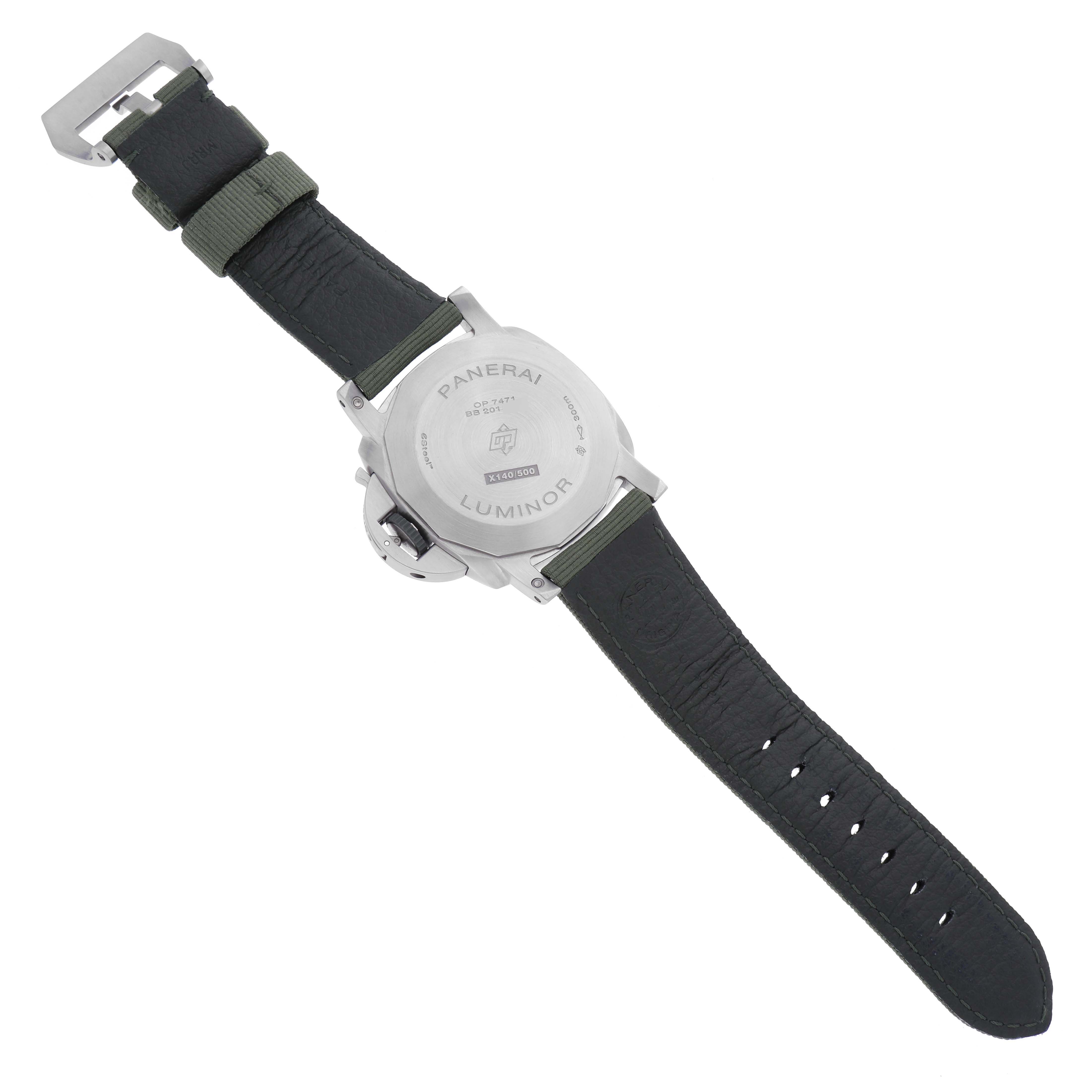 This image shows the back view of the Panerai Luminor PAM01356 Men's Stainless Steel Green Dial PAM01356 Men's Stainless Steel Green Dial watch, highlighting the case back, strap, and buckle.