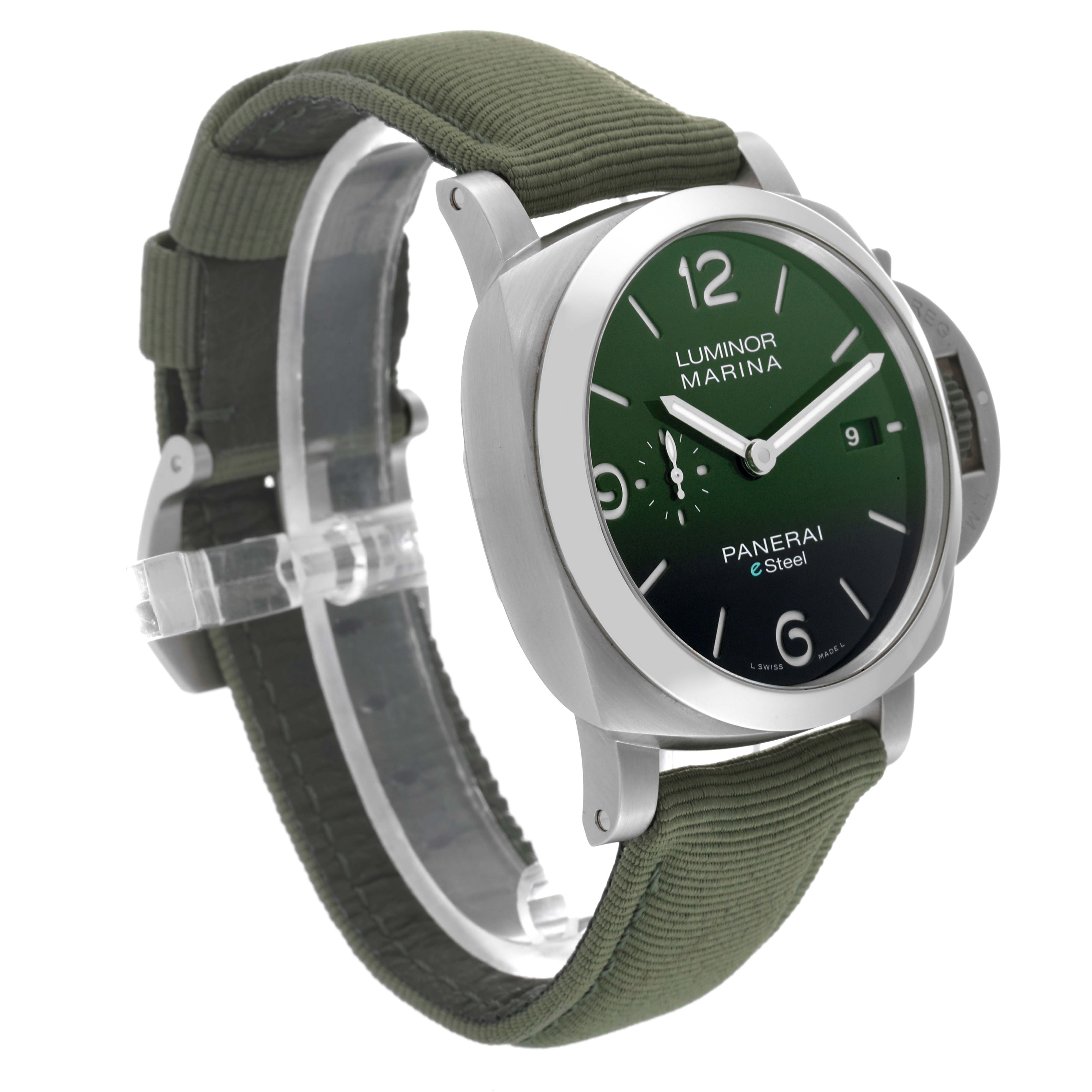 The image shows the Panerai Luminor PAM01356 Men's Stainless Steel Green Dial PAM01356 Men's Stainless Steel Green Dial Marina watch at a three-quarter angle, displaying the face, case, and green strap.