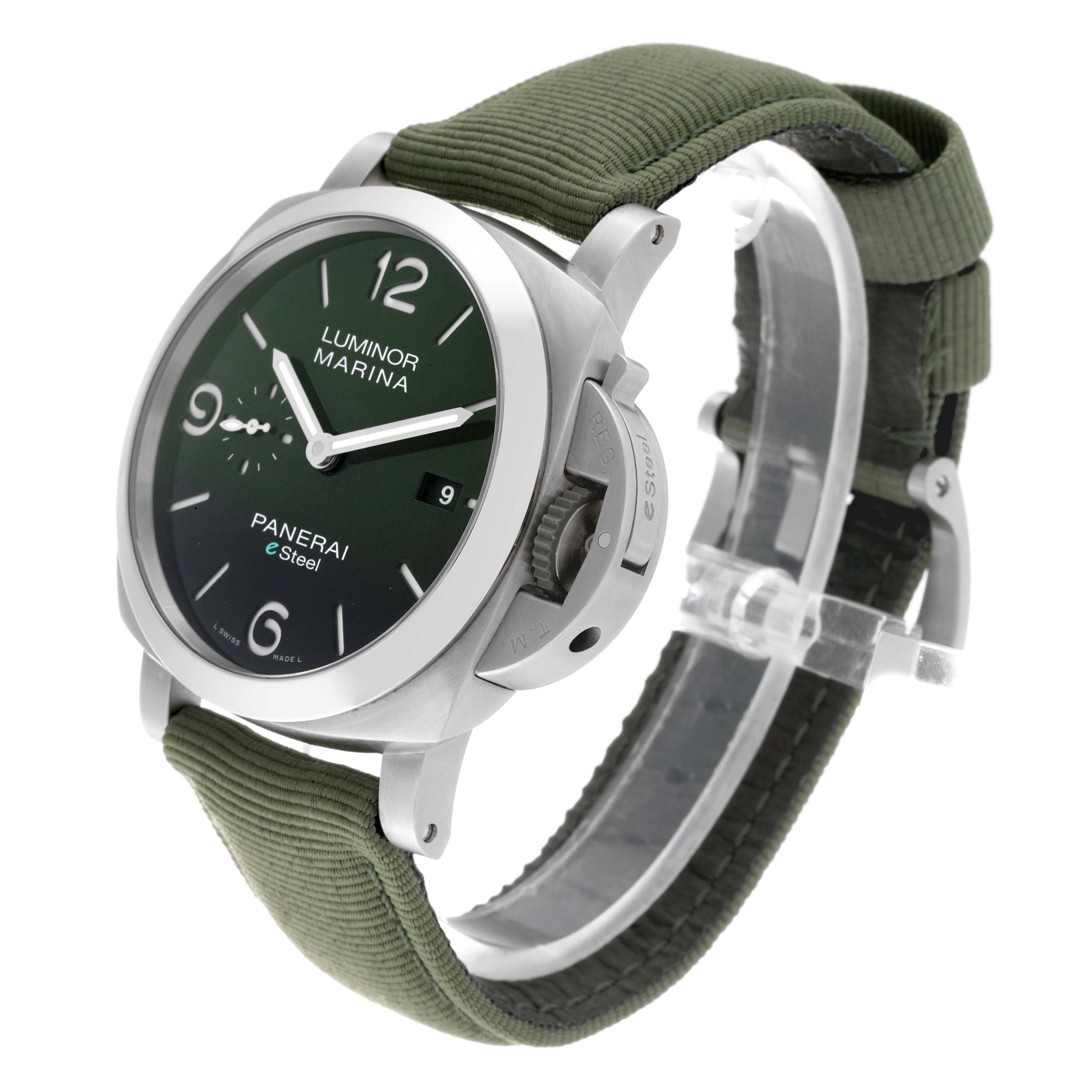 The image shows a side-angle view of a Panerai Luminor PAM01356 Men's Stainless Steel Green Dial PAM01356 Men's Stainless Steel Green Dial model watch with a green strap and visible crown guard.