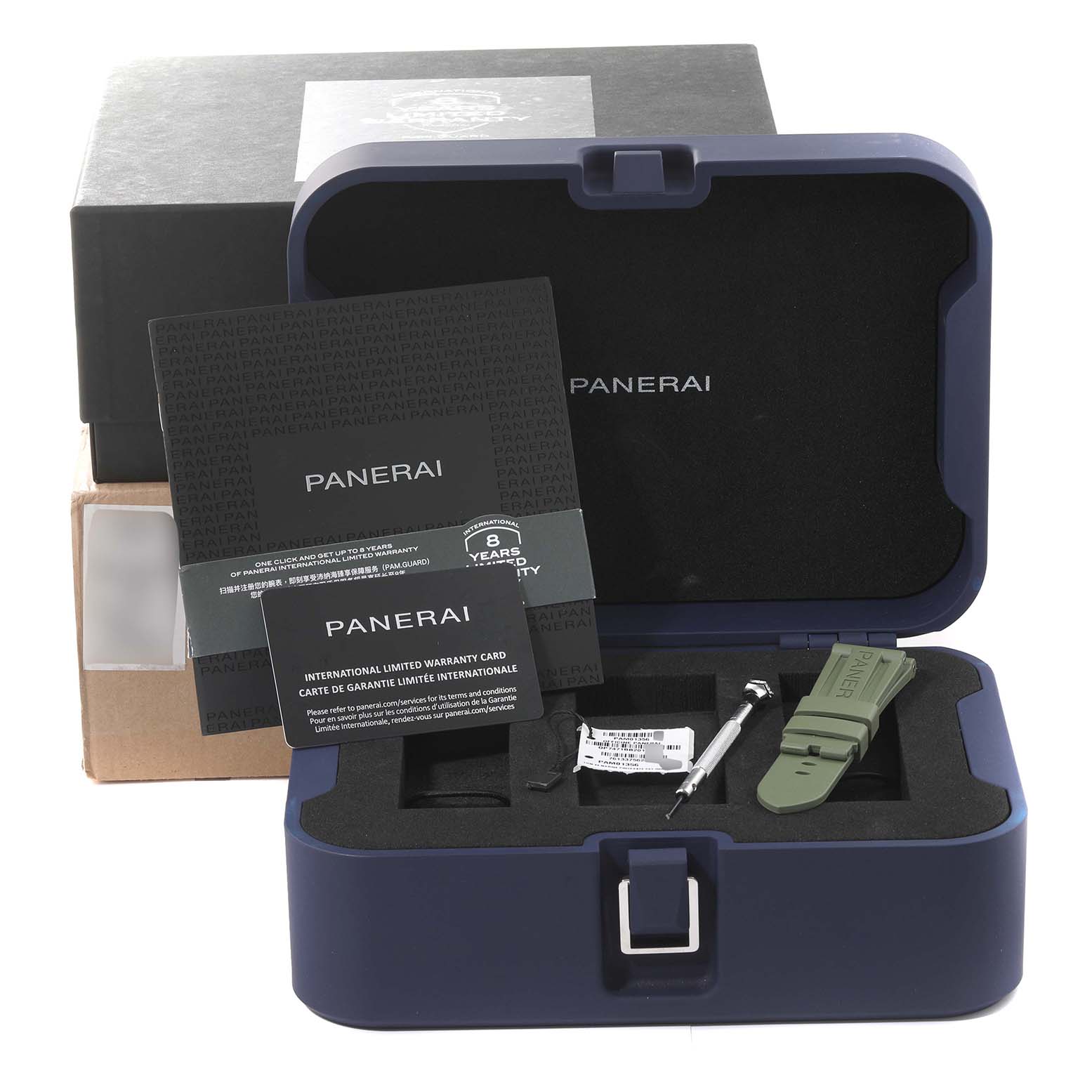 The image shows an open Panerai Luminor PAM01356 Men's Stainless Steel Green Dial PAM01356 Men's Stainless Steel Green Dial watch case with a warranty card, an additional strap, and a tool.