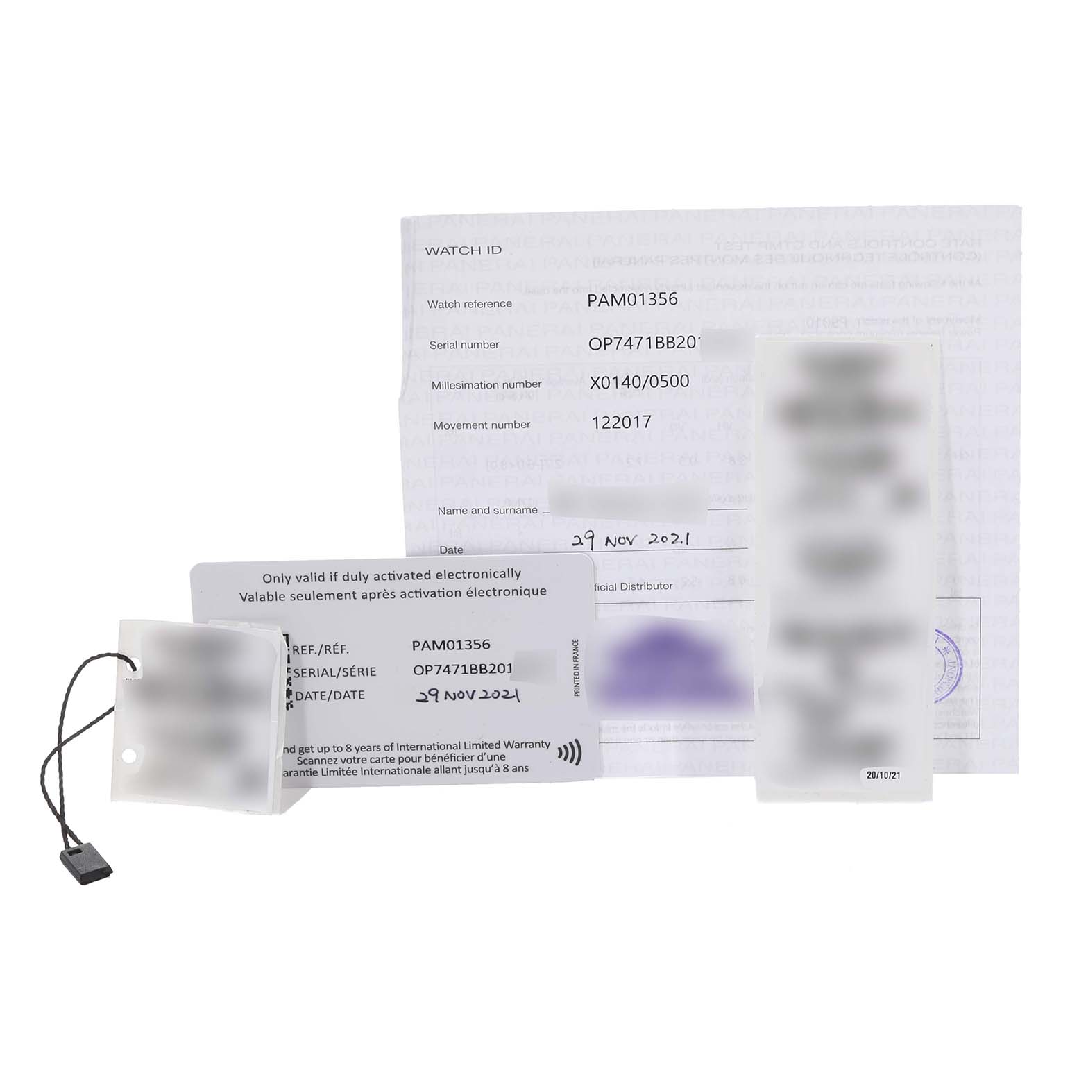 The image shows warranty cards and documentation for a Panerai Luminor PAM01356 Men's Stainless Steel Green Dial PAM01356 Men's Stainless Steel Green Dial model PAM01356 watch.