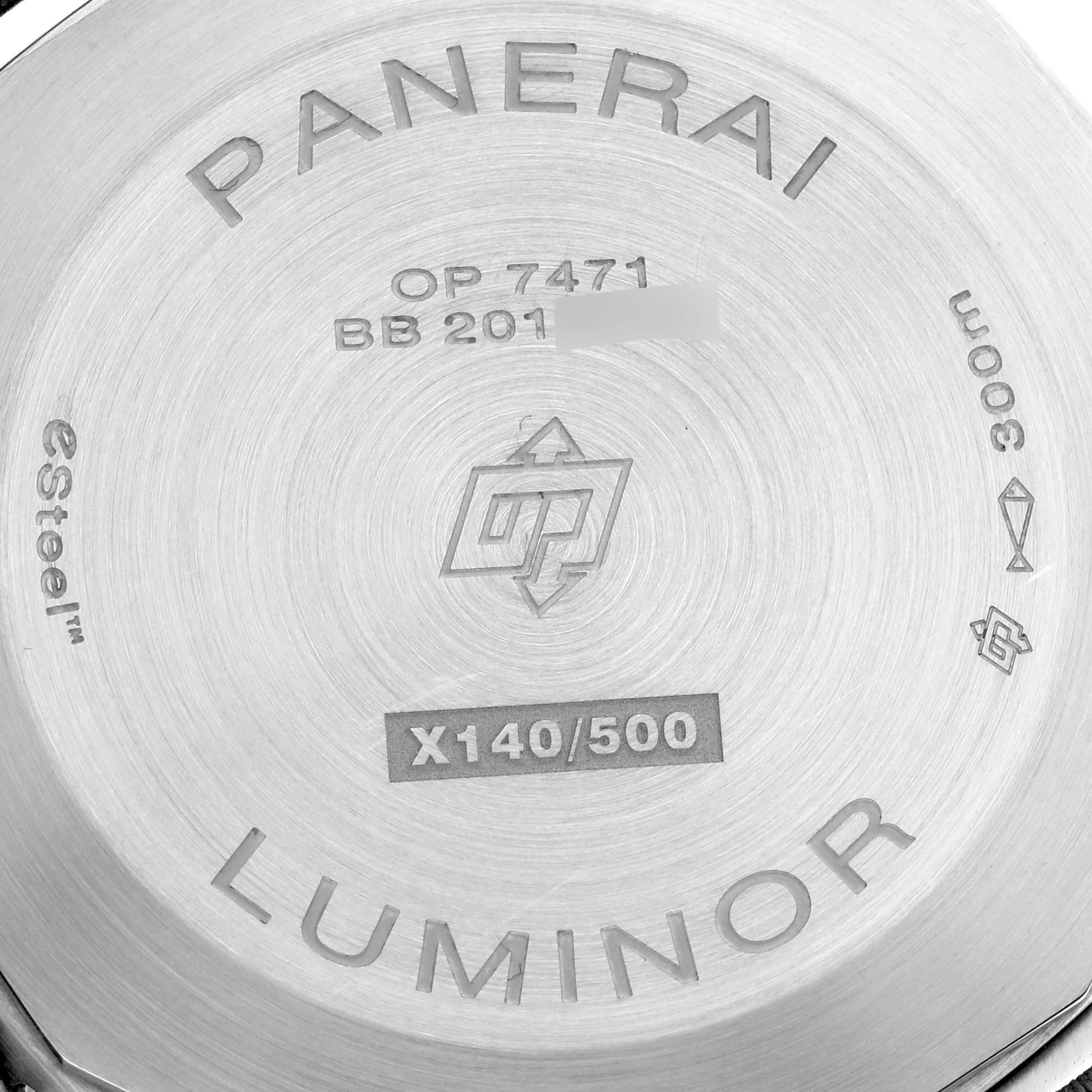 This image shows the back case of the Panerai Luminor PAM01356 Men's Stainless Steel Green Dial PAM01356 Men's Stainless Steel Green Dial watch, highlighting engravings and model details.