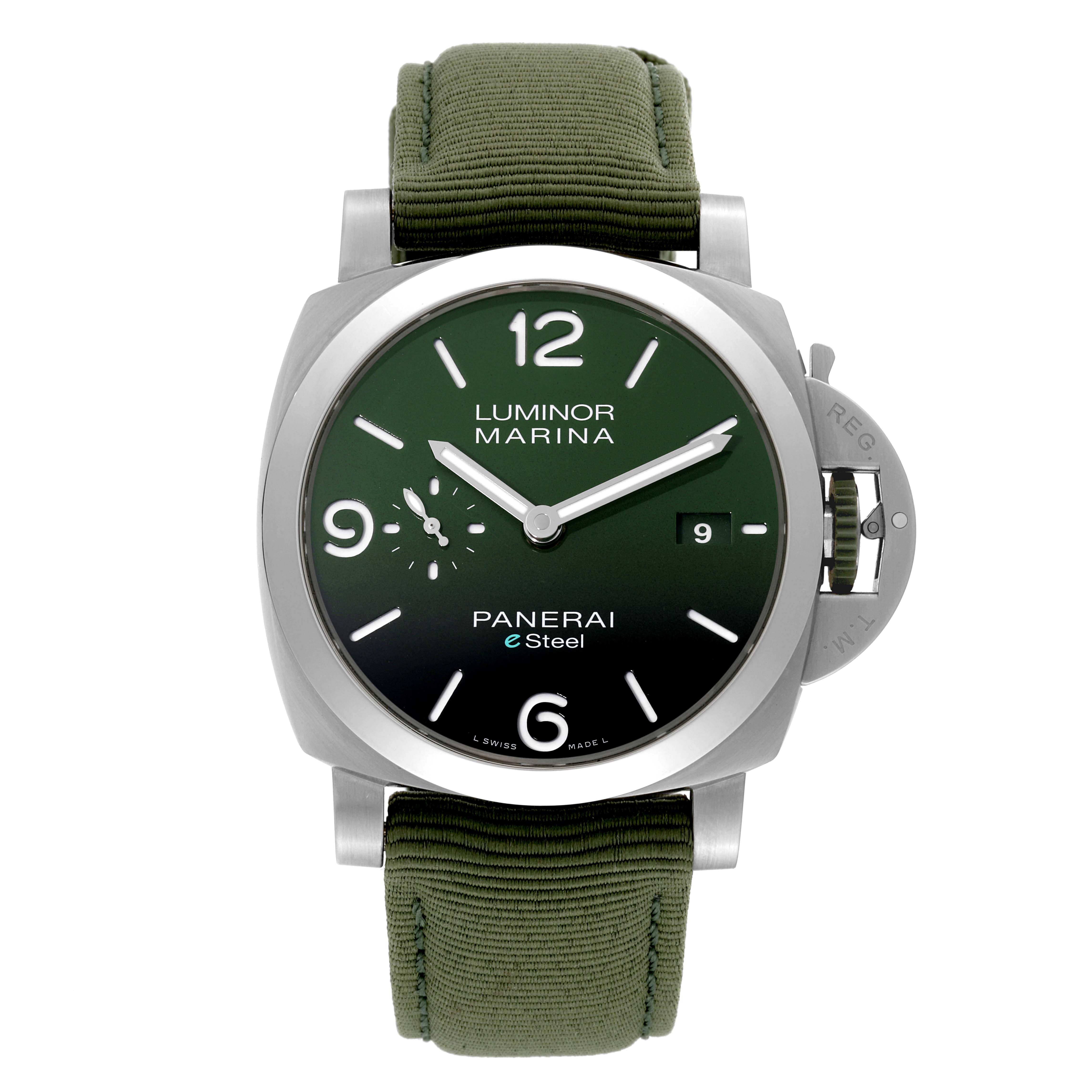The image shows a front view of a Panerai Luminor PAM01356 Men's Stainless Steel Green Dial PAM01356 Men's Stainless Steel Green Dial Marina eSteel watch, highlighting its green dial, strap, and signature crown guard.