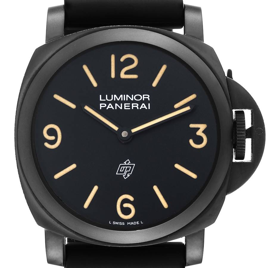 The image shows a front view of the Panerai Luminor watch, highlighting the dial, hands, and crown guard.