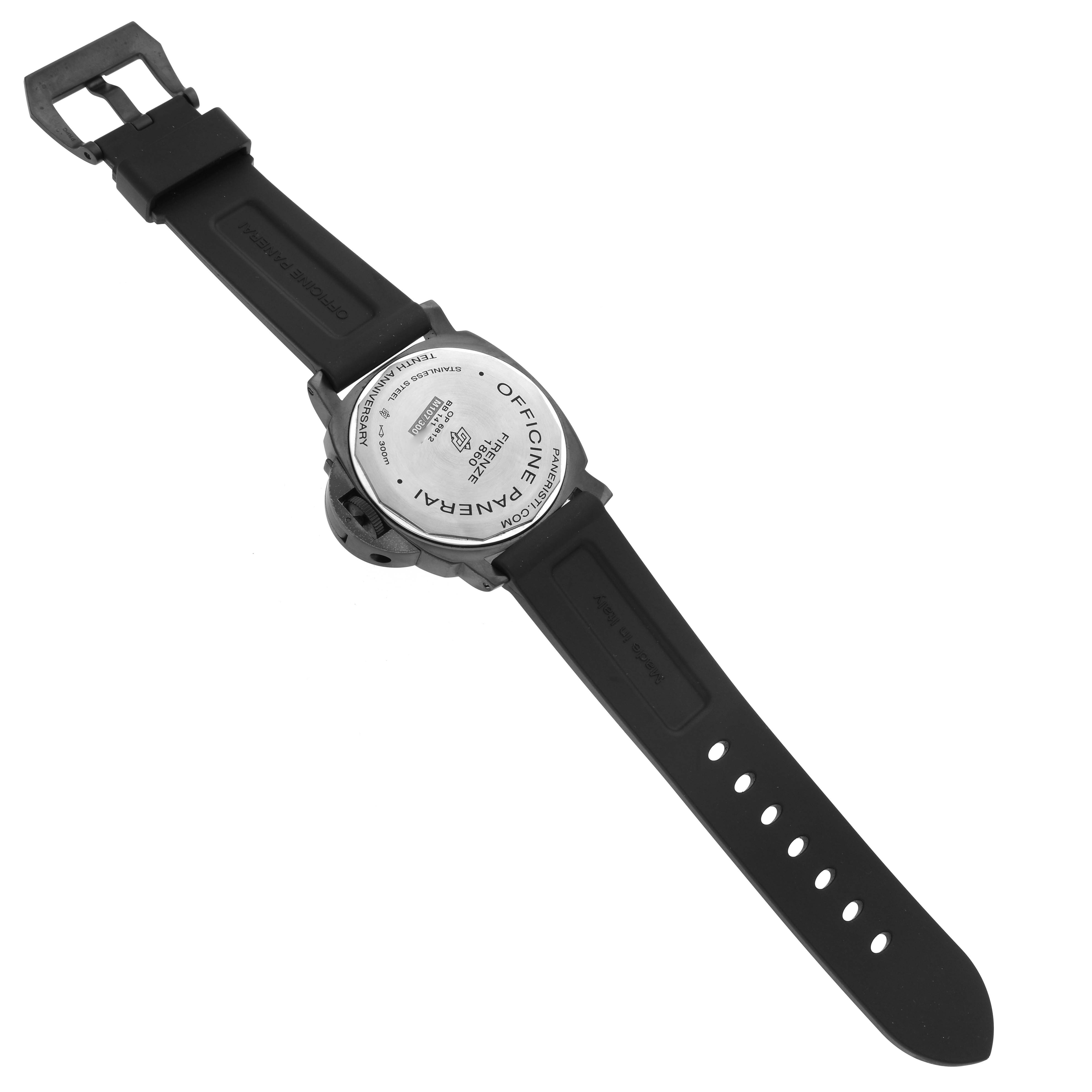 This image shows the back view of a Panerai Luminor PAM00360 Men's Stainless Steel Black Dial PAM00360 Men's Stainless Steel Black Dial watch, including the case back and black rubber strap.