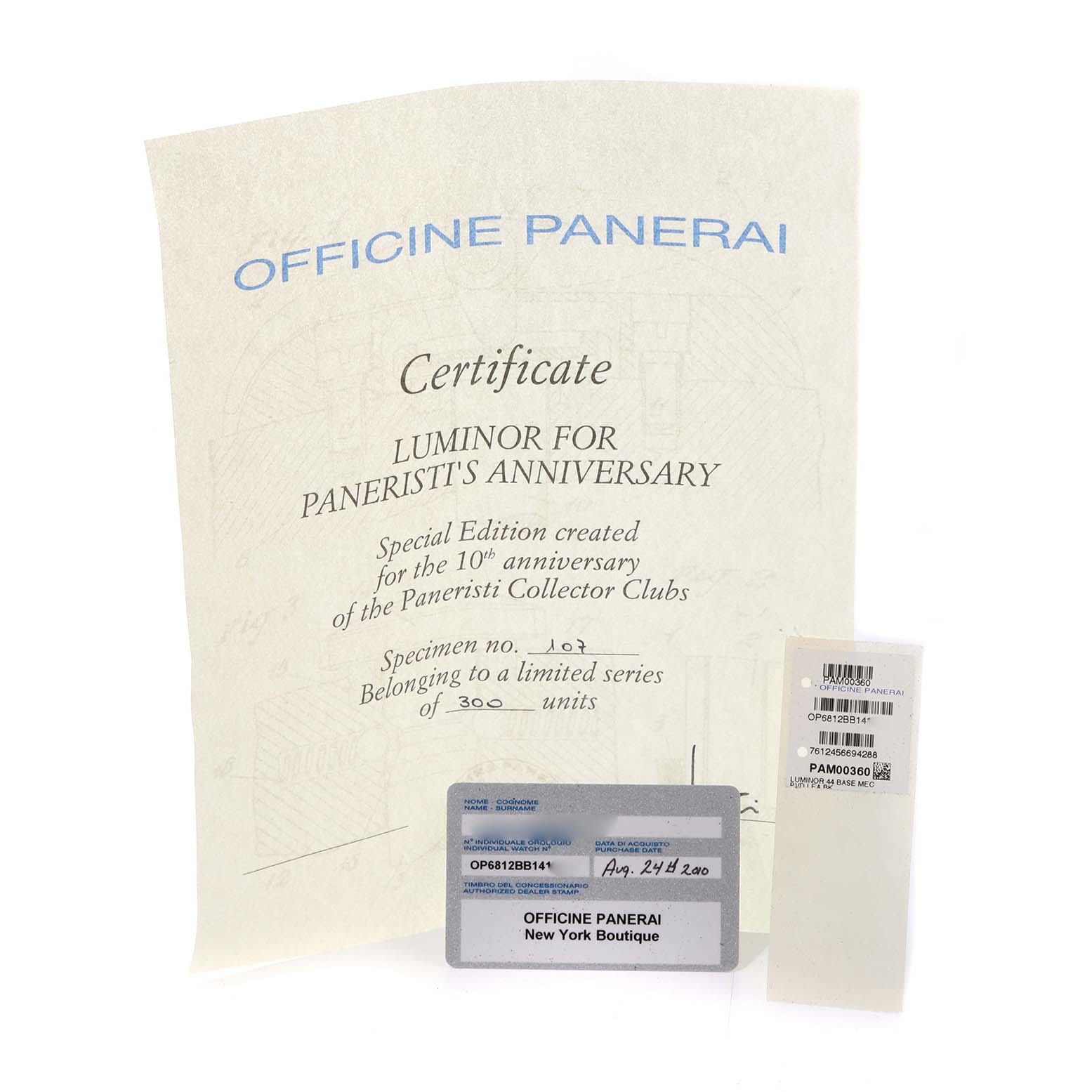The image shows the certification and identification accessories for the Panerai Luminor PAM00360 Men's Stainless Steel Black Dial PAM00360 Men's Stainless Steel Black Dial watch, including a certificate and tags.