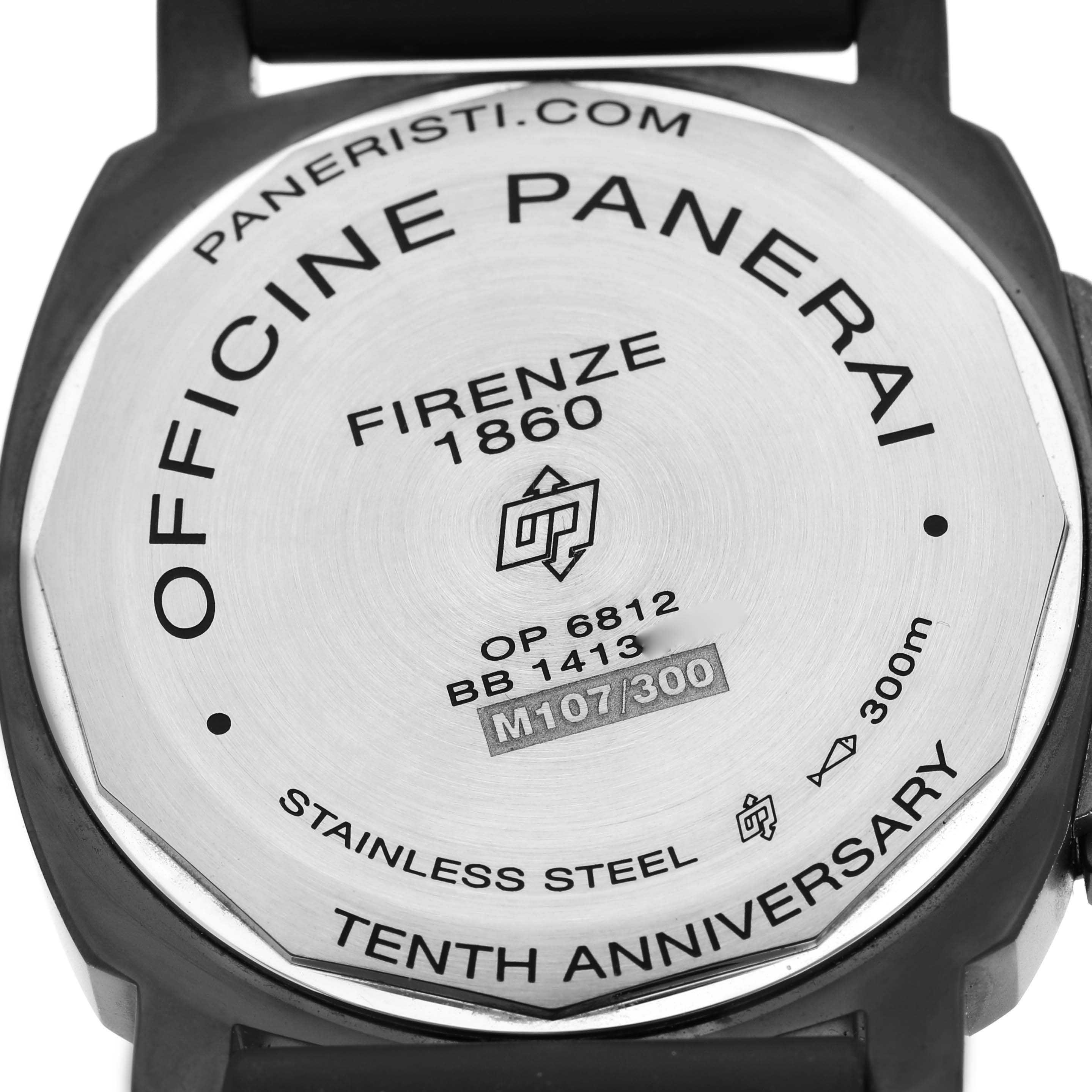 The image shows the back case of a Panerai Luminor PAM00360 Men's Stainless Steel Black Dial PAM00360 Men's Stainless Steel Black Dial watch, displaying engraving details and the model information.