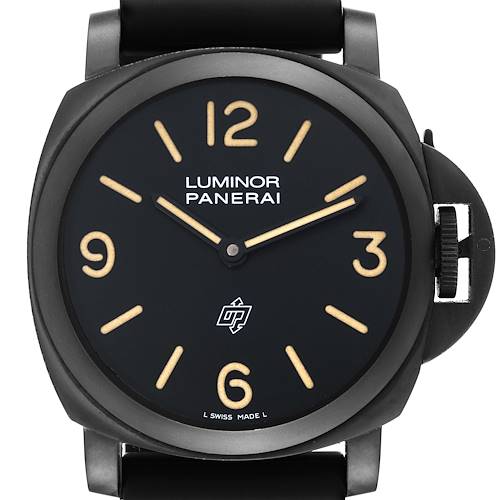 The image shows a front view of the Panerai Luminor watch, displaying its dial, numerals, hands, and crown guard.