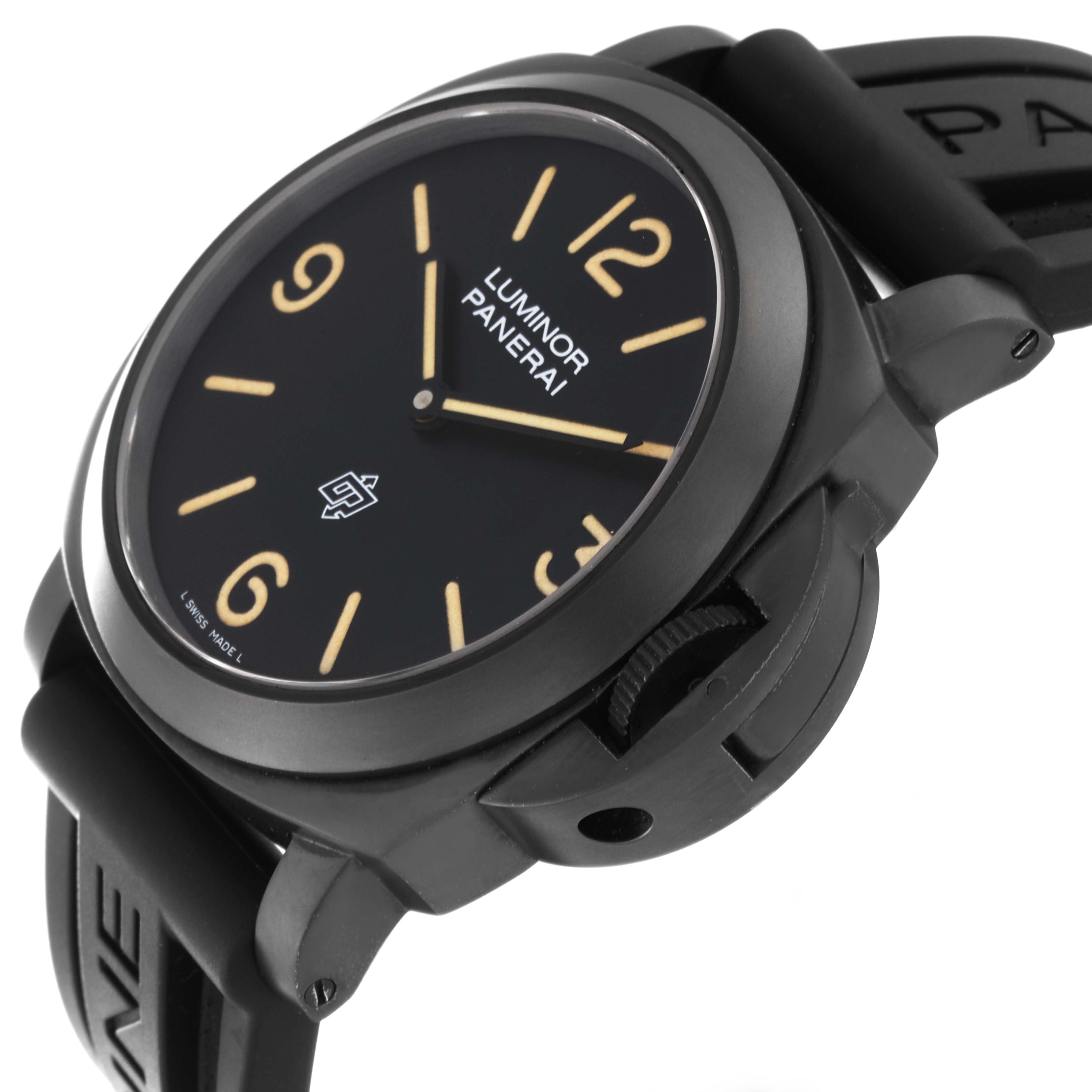 This image shows a side view of the Panerai Luminor PAM00360 Men's Stainless Steel Black Dial PAM00360 Men's Stainless Steel Black Dial watch, highlighting the dial, crown guard, and rubber strap.