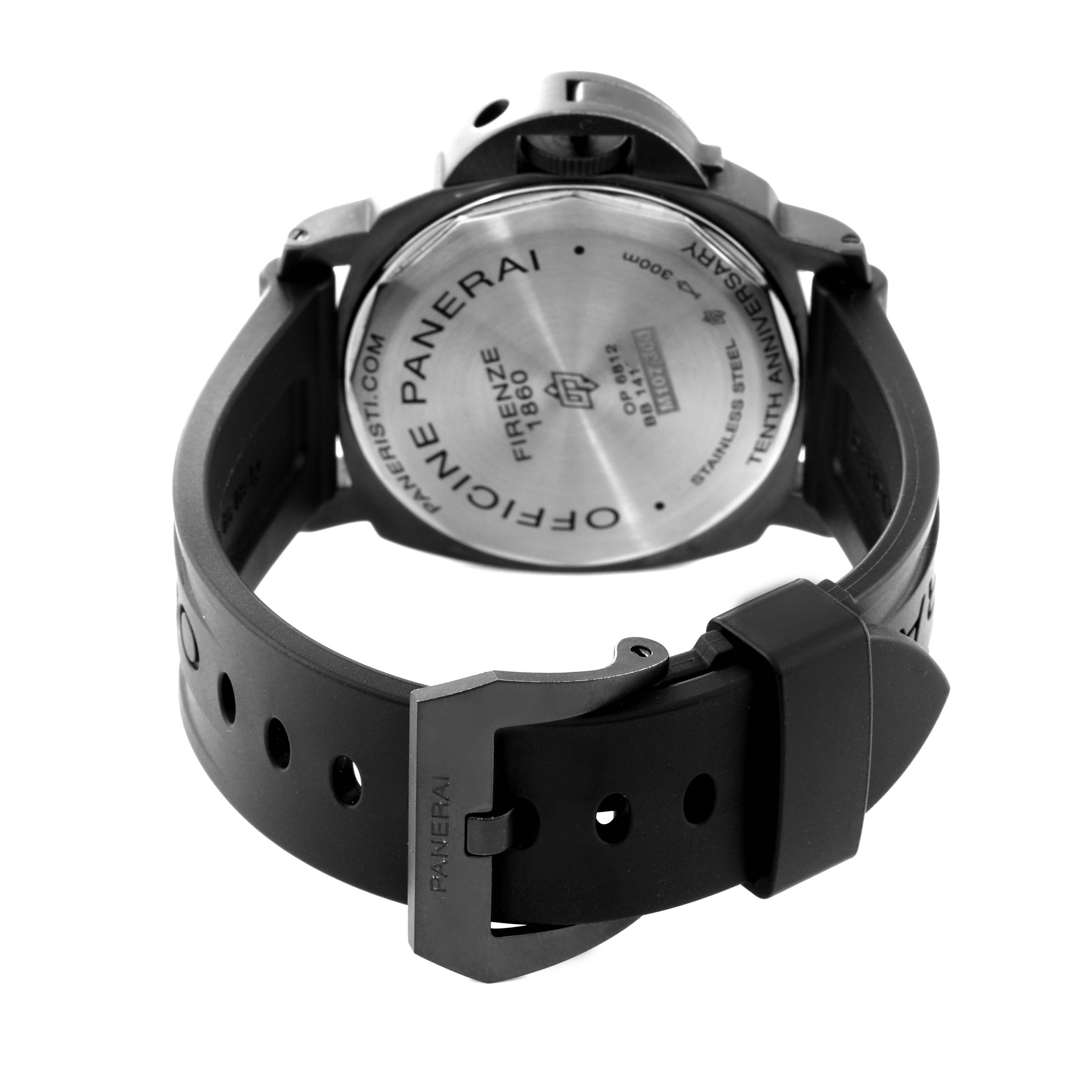 The image displays the back of a Panerai Luminor PAM00360 Men's Stainless Steel Black Dial PAM00360 Men's Stainless Steel Black Dial watch at a rear angle, highlighting its case back and black rubber strap.