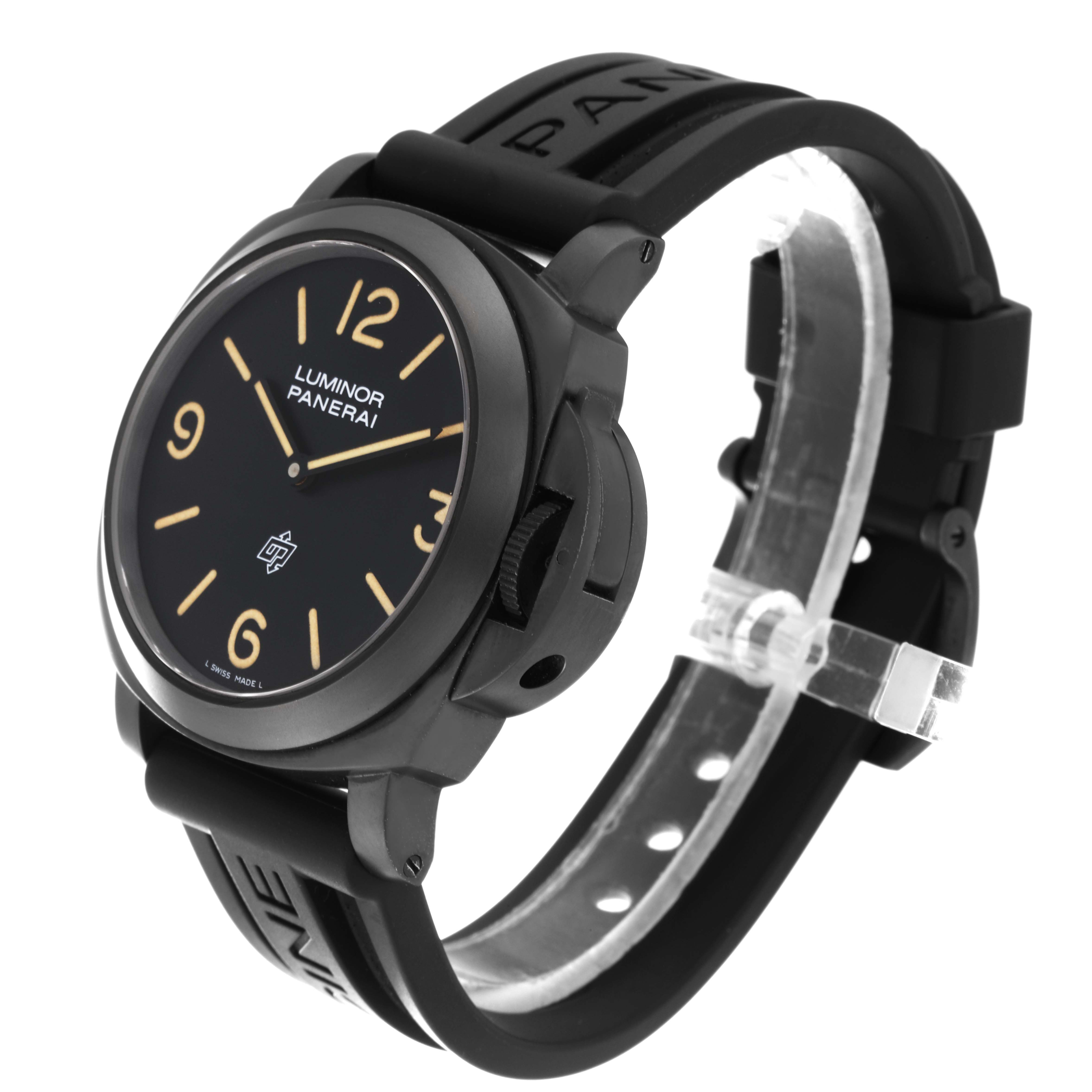 This image shows a Panerai Luminor PAM00360 Men's Stainless Steel Black Dial PAM00360 Men's Stainless Steel Black Dial watch from a three-quarter angle, displaying the face, case, and part of the rubber strap.