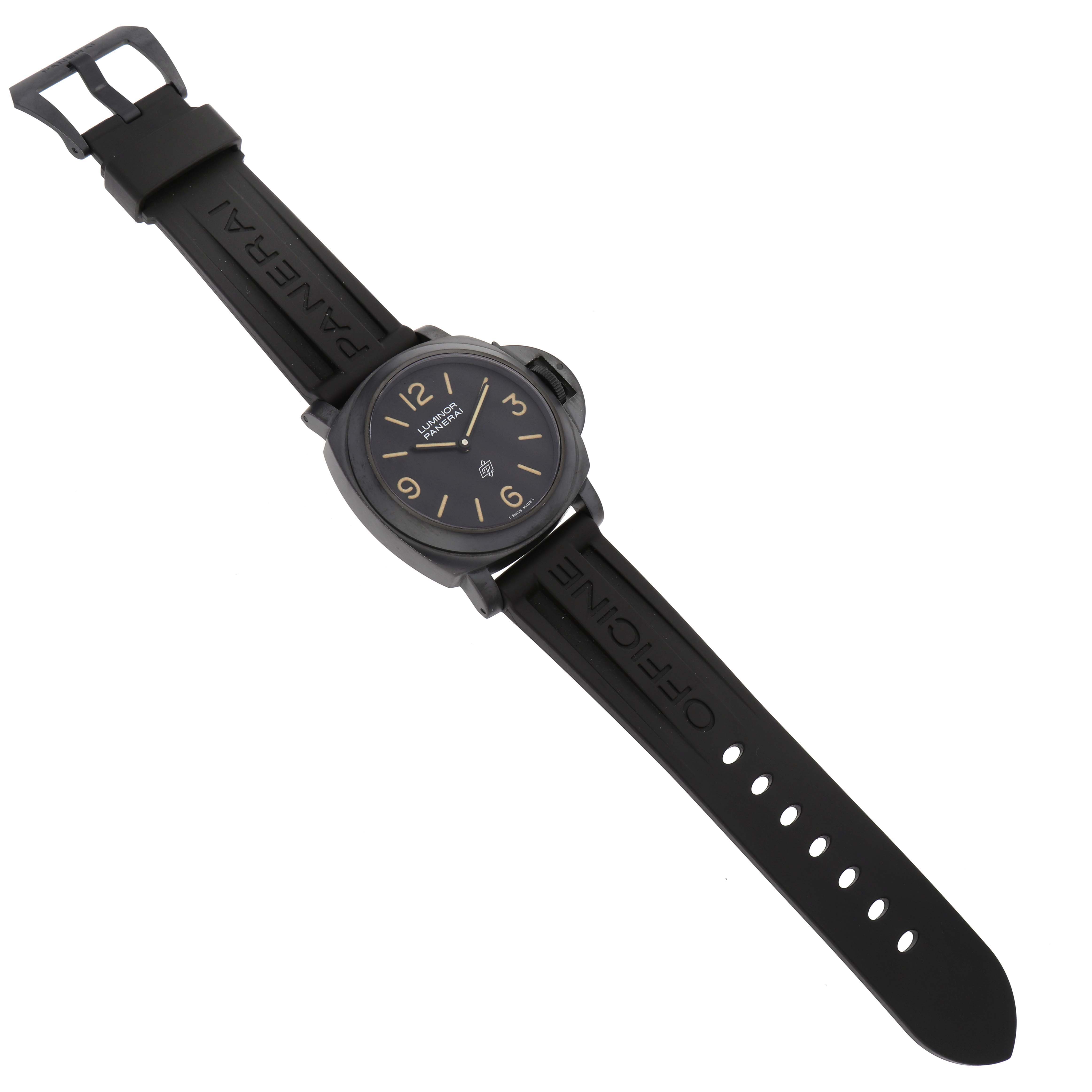 The image shows a top view of a Panerai Luminor PAM00360 Men's Stainless Steel Black Dial PAM00360 Men's Stainless Steel Black Dial watch, highlighting its black dial, case, and strap.