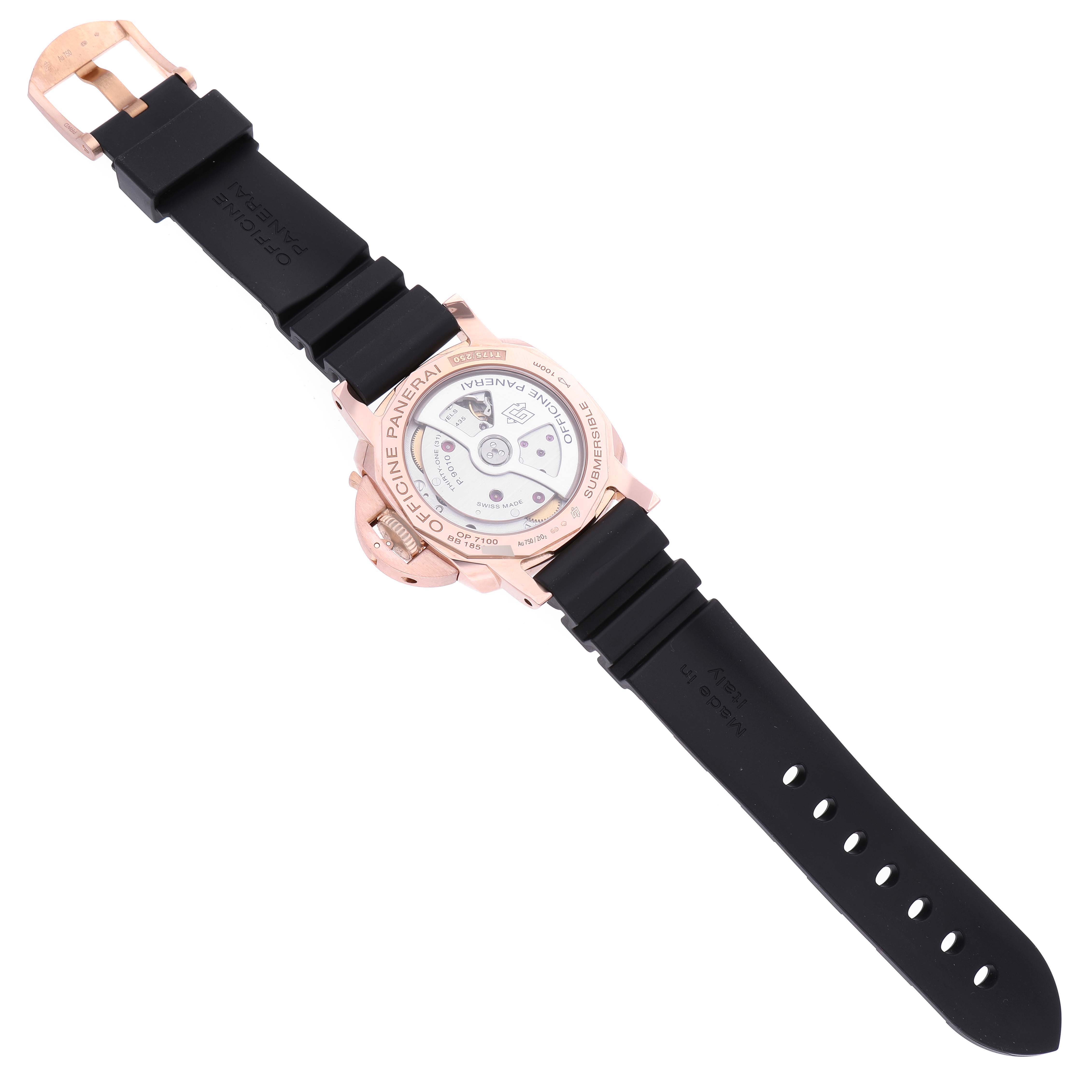 The image shows the back view of a Panerai Submersible PAM00684 Men's Rose Gold Black Dial PAM00684 Men's Rose Gold Black Dial watch, highlighting the case back and black strap.