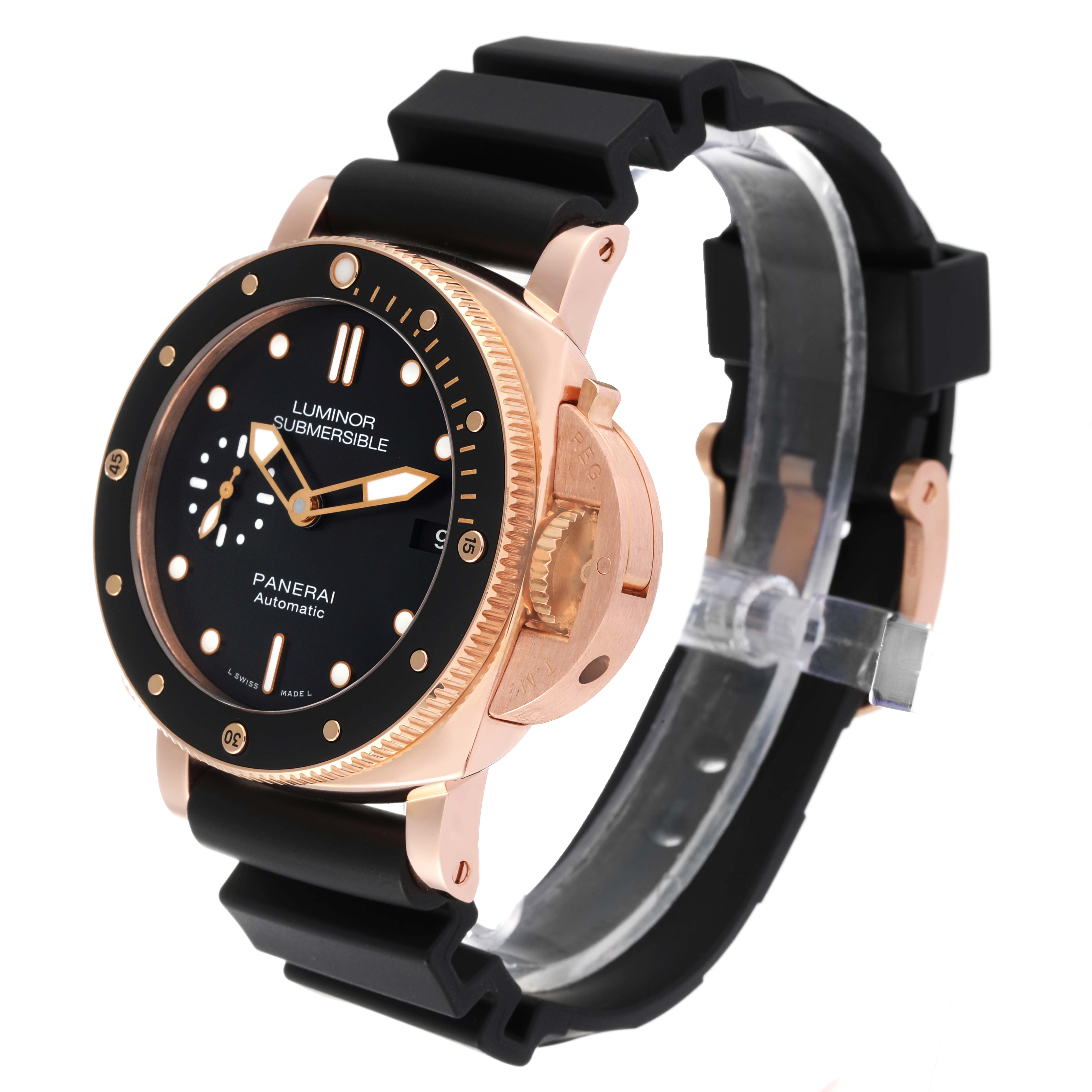 The Panerai Submersible PAM00684 Men's Rose Gold Black Dial PAM00684 Men's Rose Gold Black Dial watch is shown at an angle highlighting its face, case, bezel, and black rubber strap.