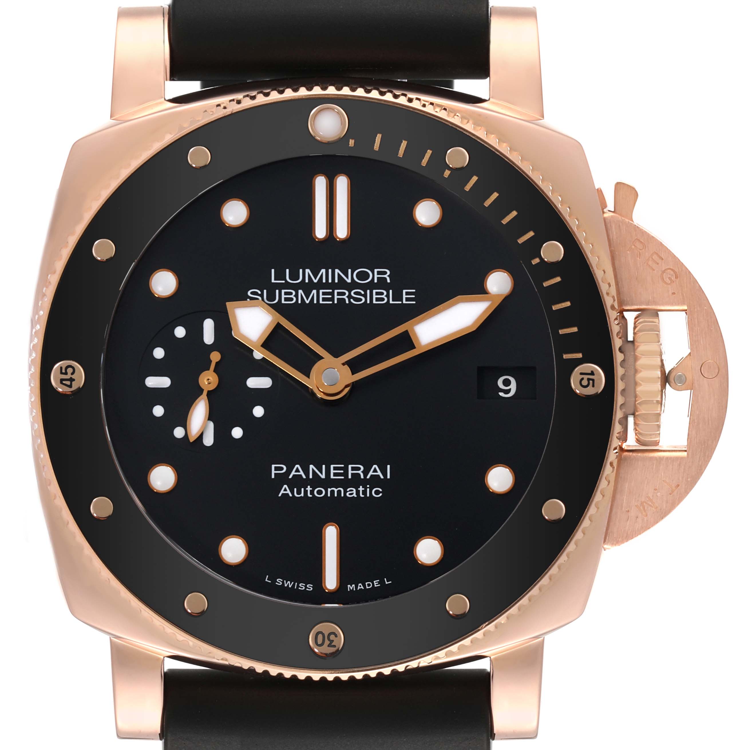 The image shows a front view of the Panerai Submersible PAM00684 Men's Rose Gold Black Dial PAM00684 Men's Rose Gold Black Dial model watch, highlighting its dial, hands, bezel, and crown guard.
