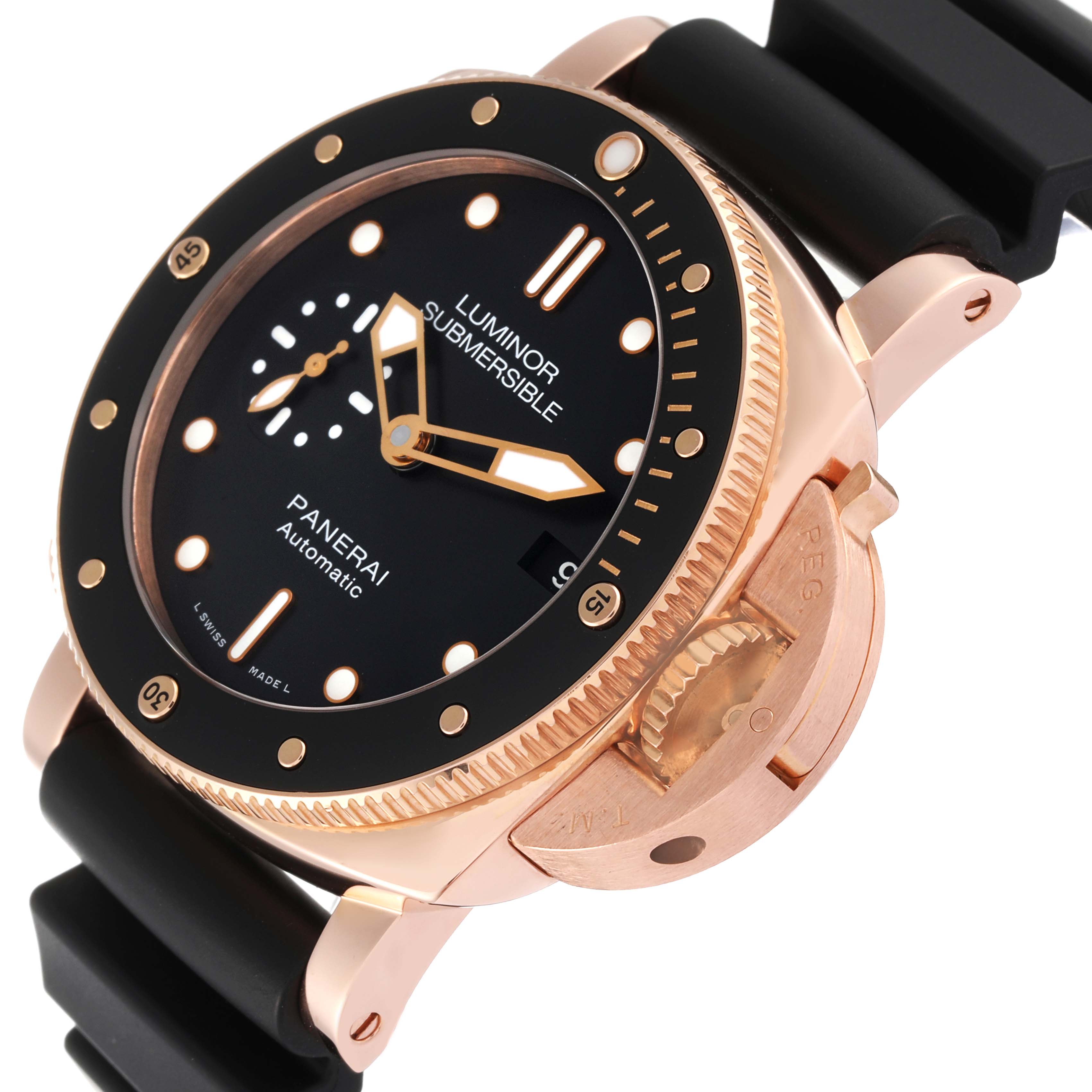 The Panerai Submersible PAM00684 Men's Rose Gold Black Dial PAM00684 Men's Rose Gold Black Dial watch is shown at an angled close-up, highlighting the dial, bezel, crown guard, and part of the strap.