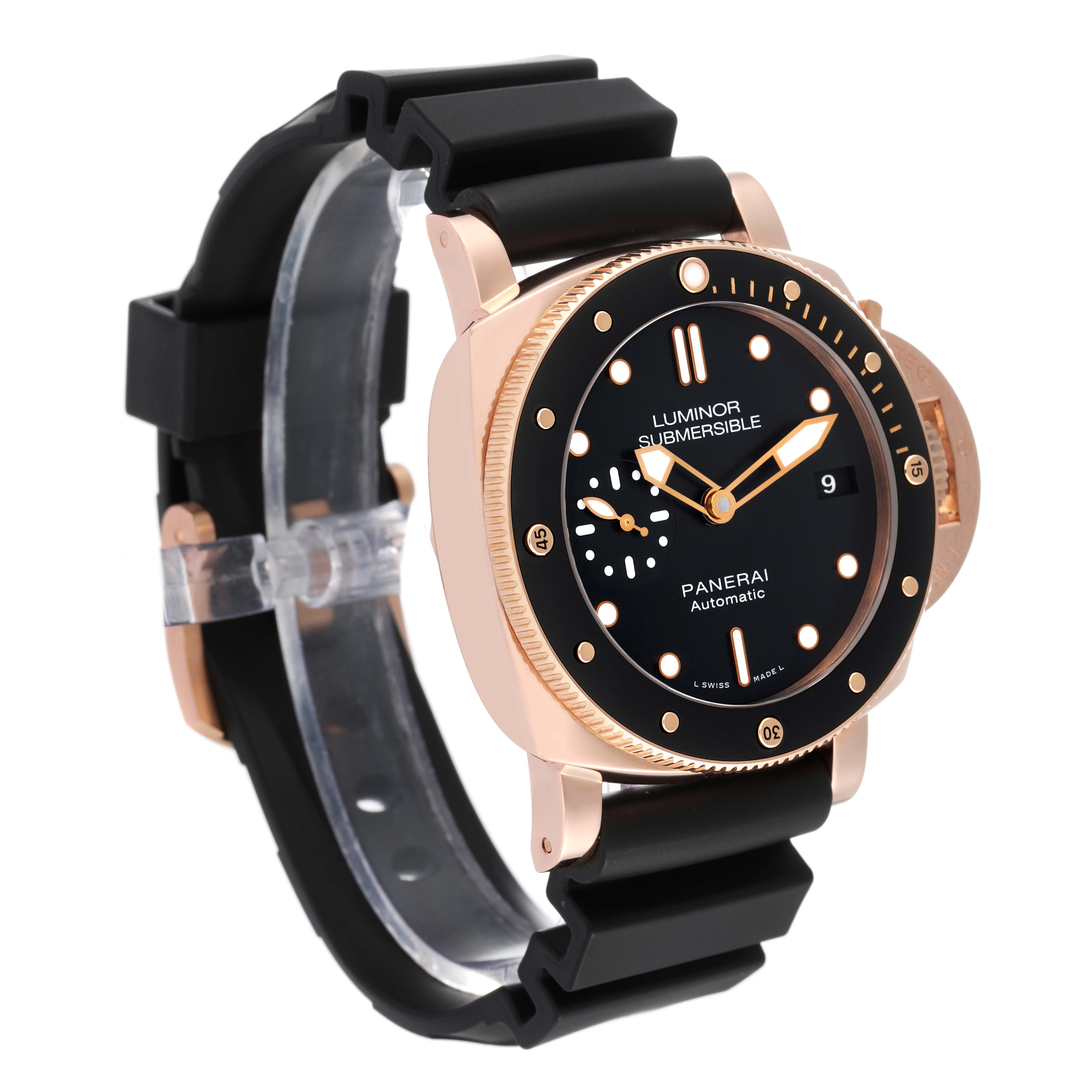 The image shows a Panerai Luminor Submersible watch at an angle that highlights the face, bezel, and part of the strap.