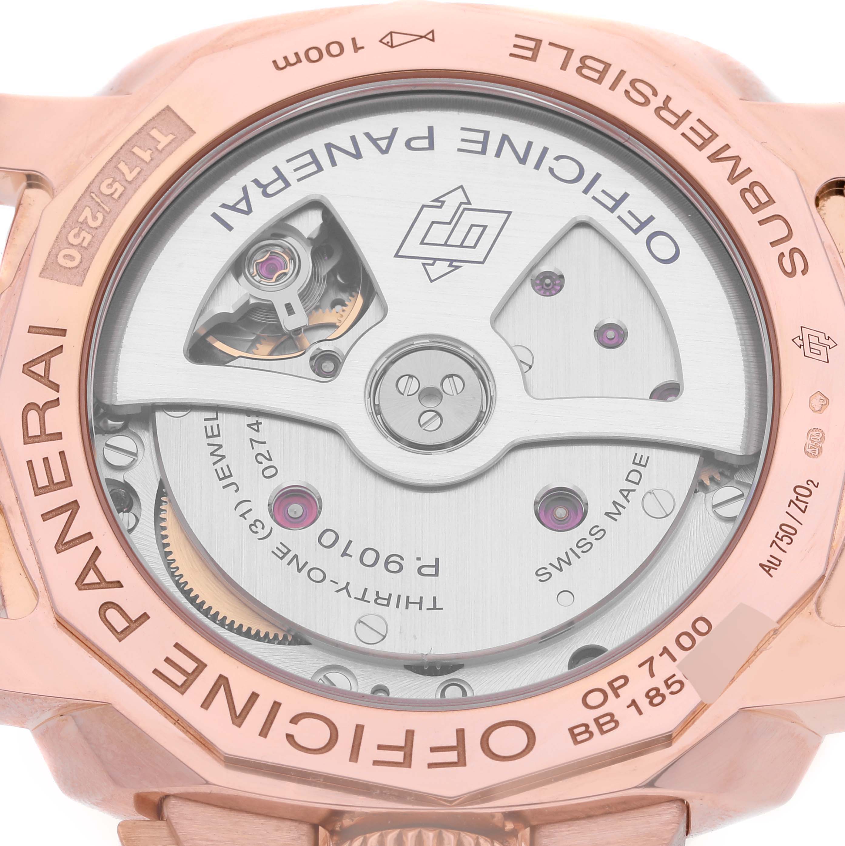 This image shows the back view of a Panerai Submersible PAM00684 Men's Rose Gold Black Dial PAM00684 Men's Rose Gold Black Dial watch, displaying its movement and engravings.